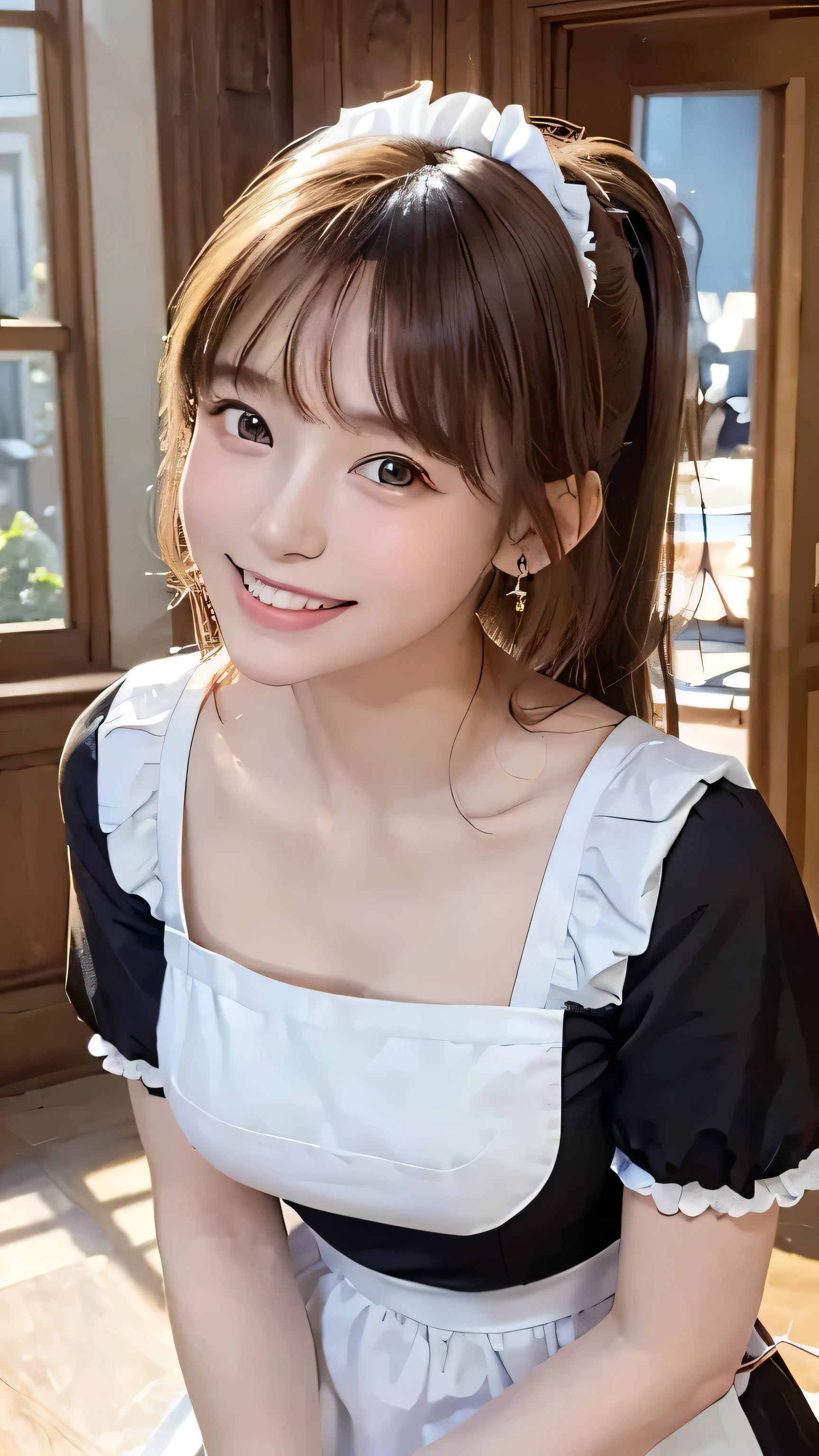(Highest quality, DSLR photo, 8k, highest quality, high resolution, highest quality, highest resolution, very beautiful woman, perfect anatomy), light brown eyes, very light brown eyes, small diamond-shaped earrings, looking directly at the camera, beautiful brown hair, ((babyface, loosely cute medium ponytail)), very short and beautiful bangs on brown hair, E-cup breasts, showing beautiful décolletage, very beautiful 20-year-old, lip gloss, smiling very happily, very cute smile, upper teeth, beautiful teeth, ((elegant mansion interior (background only)), slightly larger eyes, small face, tall supermodel, beautifully shaped model, random cute gravure photo poses, dynamic angle, eye focus, head tilt, very detailed and realistic, very beautiful 20-year-old, ((medium shot)), sharp jawline, ((cosplay of a black maid outfit with a white apron featuring a white prim)), deep waistline, sexy legs, side view, smiling very happily, laughing, summer daytime.
