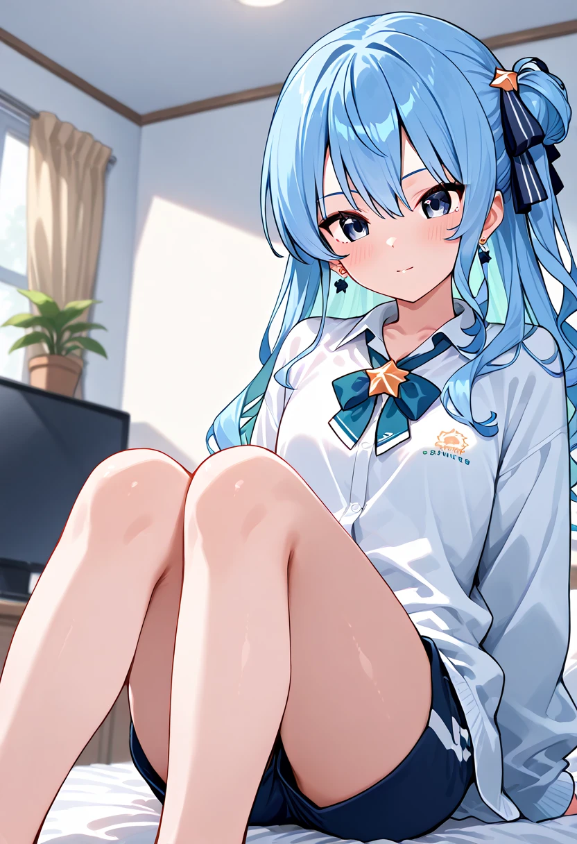 masterpiece, Best quality, High Resolution, One girl, Loose T-shirt, Girl sitting on chair studying drafting at desk, Horizontal angle, Studying seriously, Paperwork, Good luck studying, Drafting, cute, pretty light blue hair, architect, ponytail