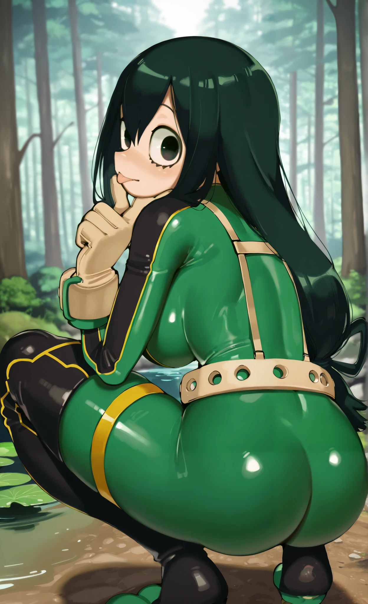 ((tsuyu asui)), ((roropull)), ((masterpiece)), ((high resolution)), ((solo portrait)), ((back view)), {(attractive figure), (large breasts), (beautiful legs), (round face), (long dark green hair), (cute dark green eyes), (tongue out), (cute blank look)}, {(hero outfit), (green bodysuit), (tan belt, (tan torso straps), (tan gloves)}, {(squatting), (finger on cheek), (looking back at viewer)}, ((forest)), ((pond))
