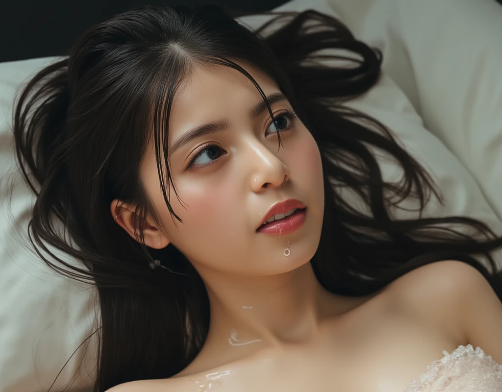 (masterpiece:1.2), Super detailed, ultra high resolution, (realistic, photo realistic:1.37), High resolution raw color photos, professional photos, Beautiful woman, Japanese、1 female surname, (Thin：Weight 1.0),  (medium hair, straight hair, bangs:1.3, brown hair), (NSFW, penis), Normal position, ((1 male、1 female, have sex)), ((nude)), (((Ahegao:1.3, half closed eyes, squint your eyes:1.3))), lying in bed, sleep on your back, on the bed, close up, bird&#39;point of view, highly detailed face, very fine eyes, highly detailed skin, very thin fingers, highly detailed nose, highly detailed mouth, perfect anatomy, highly detailed background