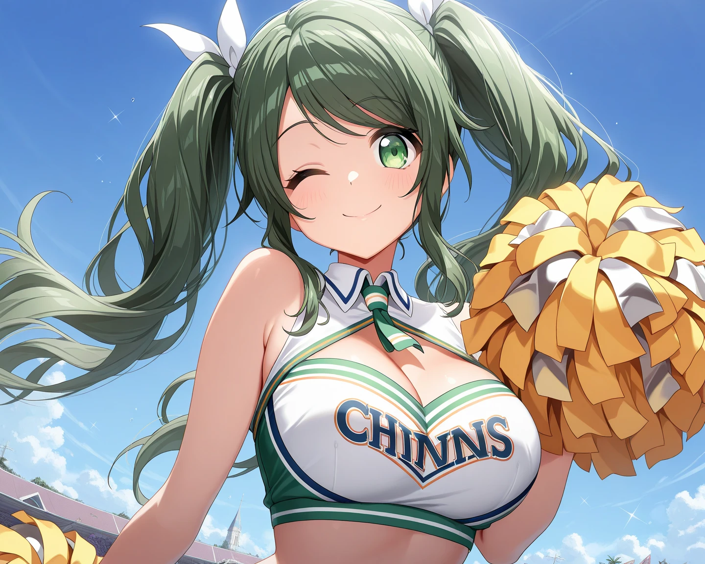 Cheerleader uniform, pom poms, huge breasts, cleavage, smile, black hair, green eyes, seductive eyes, detailed eyes and face, micro skirt, panty peak,