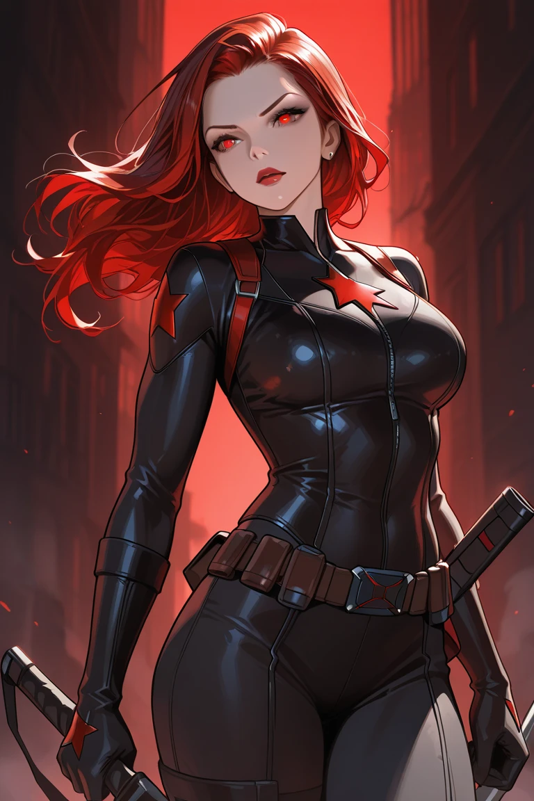 The image features a girl with long, bright red hair, dressed in a sleek skin-tight shiny black latex bodysuit with a deep-cut zipper neckline revealing a large chest, the silver zipper running down the front. The suit is complemented by her iron wrist guard on both wrists and a belt made of silver circles around her waist. She holds a gun in each hand in a ready position, while her other hand is touching her hair. Placed against a dark city backdrop, the scene includes buildings and might contain elements resembling a clock tower, suggesting an urban setting. This composition is emblematic of a superhero genre, highlighting central and ancillary characters, with an overtone of action and vigilance.