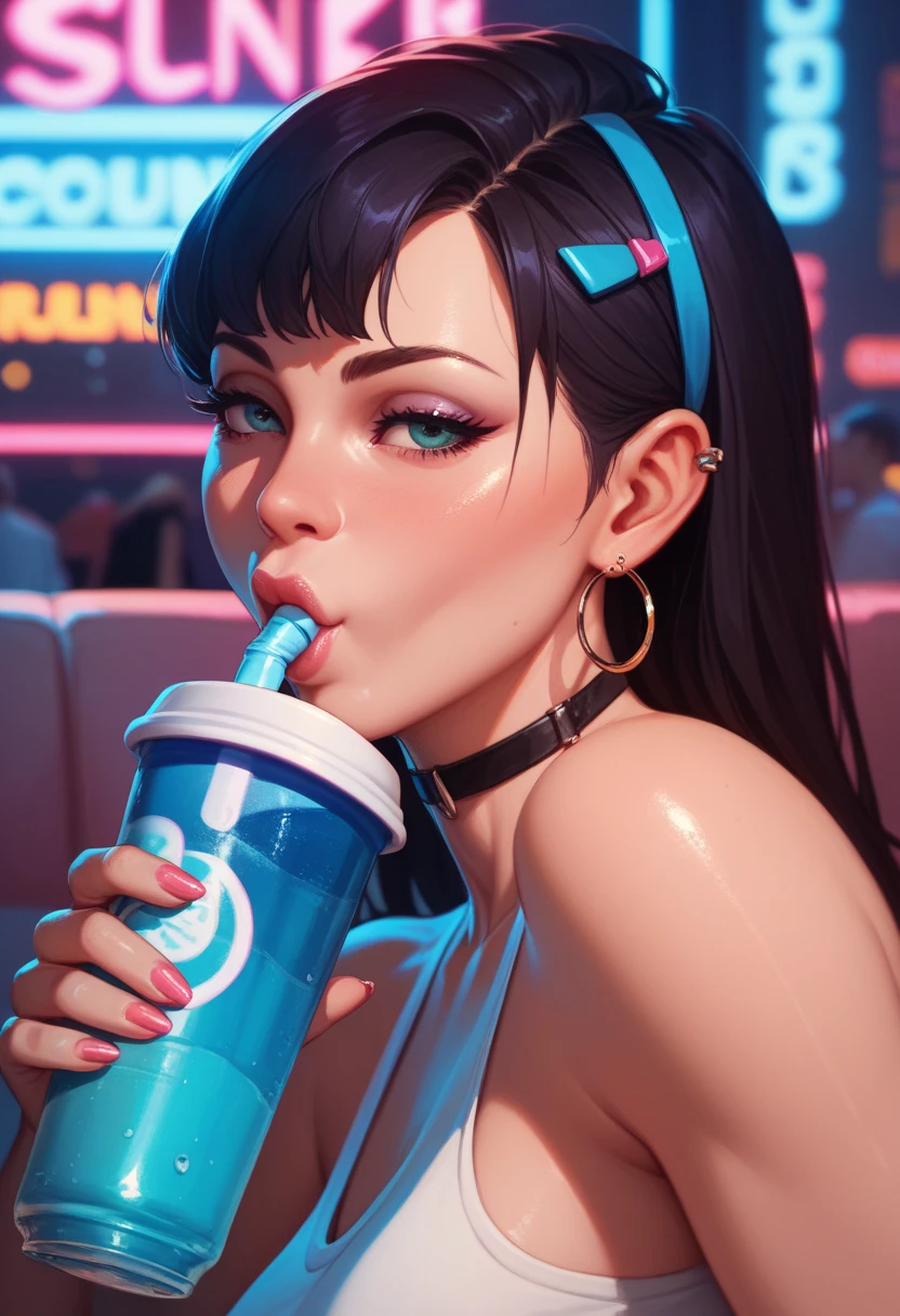 score_9, score_8_up, score_7_up, score_6_up, solo focus, slim, kawai face, cute, ponytail, headphones on head, gamer girl , small saggy breasts , seductive, puffy nipples, topless, cleavage , ((( holding drink))), drinking, nipples , keyboard, sexy view , young, slim , half body portrait, boob focus , wall posters ,gaming room, sitting in gaming chair , deformed fingers , extra fingers , seducting, teasing