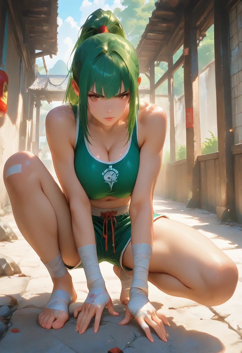Top quality,masterpiece, photo, very delicate and beautiful, highly detailed CG ,unity,8k wallpaper, amazing, real photo,fine detail, official art,highly detailed CG Unity 8k wallpaper,absurdity, huge file size, super detailed, high resolution, beautiful detailed girl, highly detailed eyes and face, real live action, leather, slit, mini skirt, beautiful detailed eyes,(( Very shiny separate clothes)),1 girl,Full body,Full body shot,Watch viewer,((Light green hair)), Blue eyes,((blissful)), Most detailed background, ((Cosplay)), 22 years old, green, shiny, see-through, (smile), ponytail, belly button out, super mini skirt, legs wide left and right, Japan person, thighs, sleeveless, shoulder straps, (nipple shape clearly visible), ( The shape of the pubic area is clearly visible), Perfect body, Wet body: 1.3, tanned skin, squatting, (open crotch), sexy pose, sexy look, sexy shot, pose from the front, looking at the camera, --auto