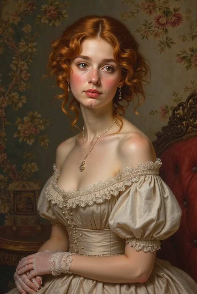 a breathtaking rococo-style portrait of a beautiful redheaded woman with luminous green eyes, seated gracefully in an opulent salon, her elaborate hairhigh quality, masterpiece, ultra-detailed, photorealistic, professional, 8k, hdr, studio lighting, physically-based rendering, vivid colors, detailed facial features, elegant posture, serene expression, ornate hairstyle, luxurious dress, opulent salon interior, gilded furniture, plush fabrics, warm lighting, atmospheric mood