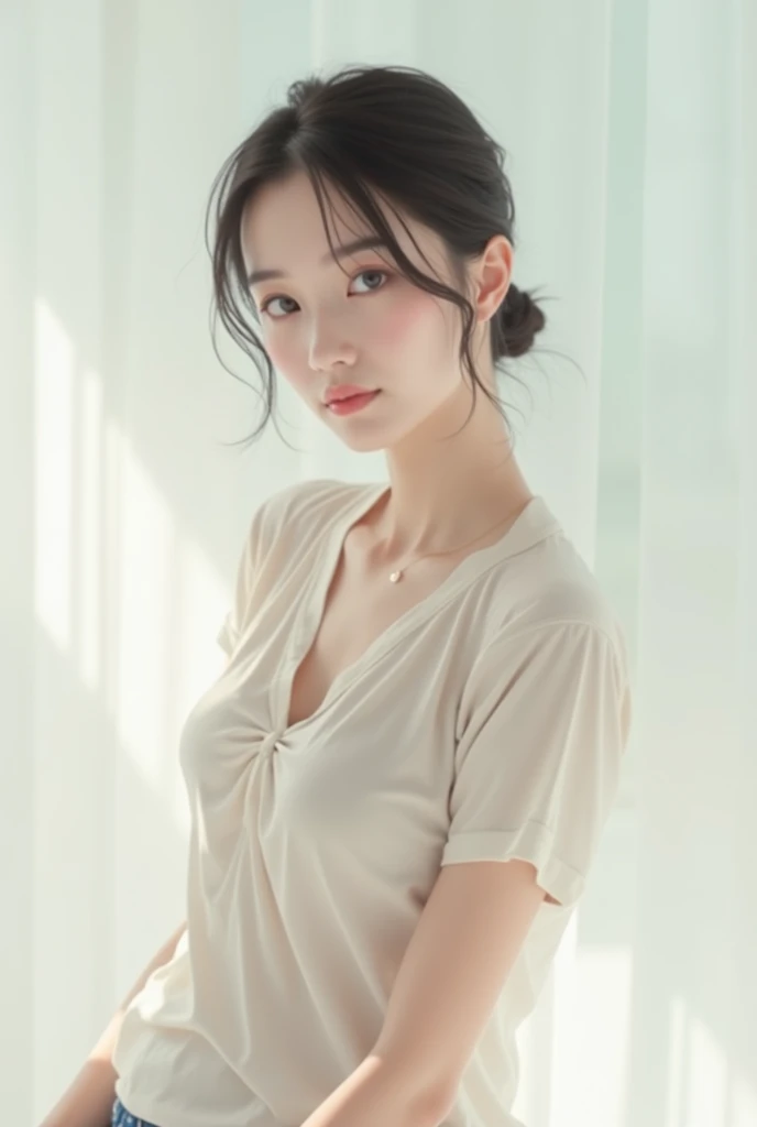 27 
Generate image of japanse woman wearing loose t shirt is little healthy means fat and the t shirt have v shaped neck to show her cleavage the womans looks beautiful like asian and wearing gorgeous and very bright in skin colour. Surrealis., portrai shot of the dull body effect