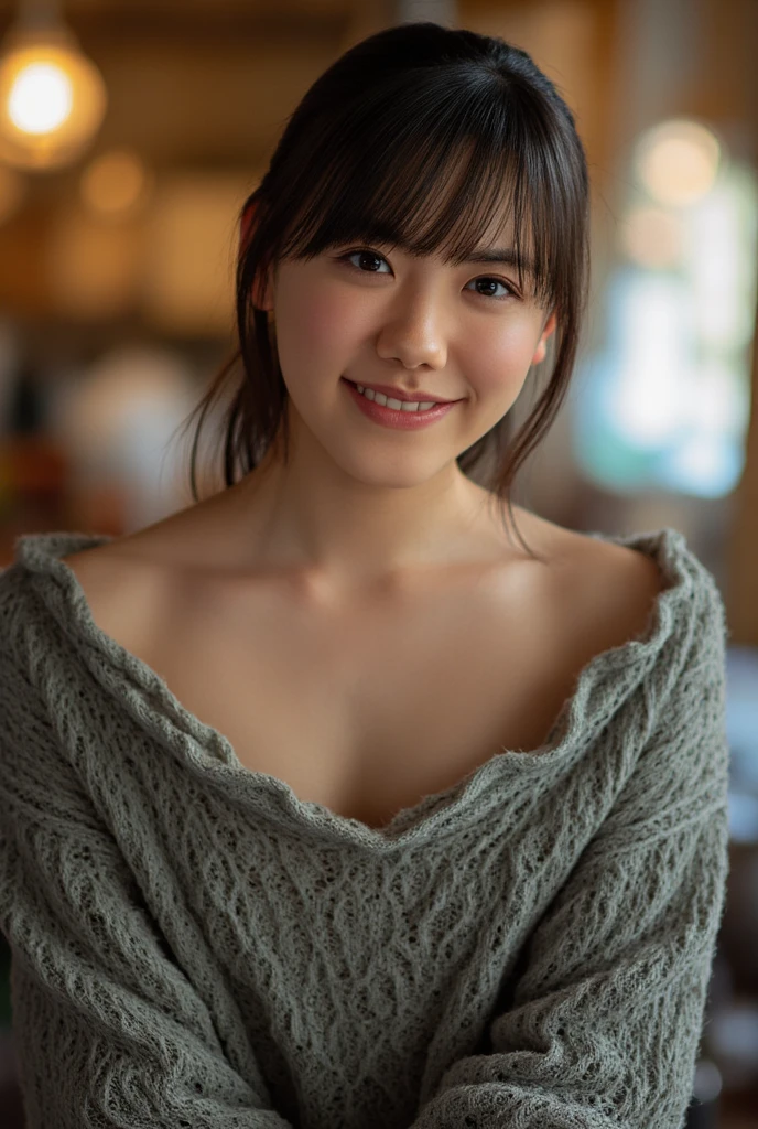 Highest quality, masterpiece, Ultra-high resolution,8K, (Realistic:1.6), (Close-up portrait:1.4) RAW Photos, ((Brown-toned miniskirt fashion)),((Up Facial)),girl,(Full of smiles, Showing teeth)), 22 years old,((Asymmetrical Hairstyles)),((Looking up at the audience)),Face Focus:1.4,((Shooting from above with a fisheye lens:1.4)),