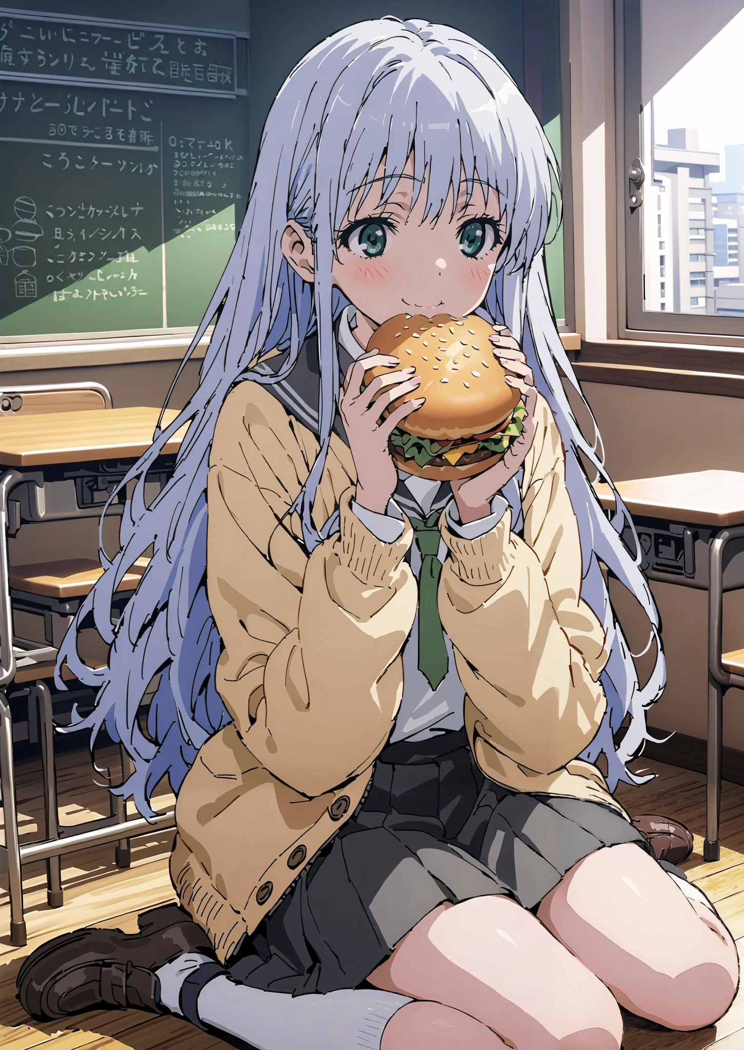 Prohibited bibliography, both eyes, Silver Hair, long hair, smile,blushes,Black sailor suit, yellow cardigan ,black pleated skirt,white high socks,loafers,chairsに座っている, holding a hamburger with both hands,eating hamburger,noon,machine, blackboard ,chairs,full bodyがイラストに入るように,break indoors,classroom,
full body,
break (masterpiece:1.2),top quality , kampala, Unity 8K Wallpaper ,(shape:0.8),It's a person ,full body写真,CG Details , (perfect hands,complete anatomy),