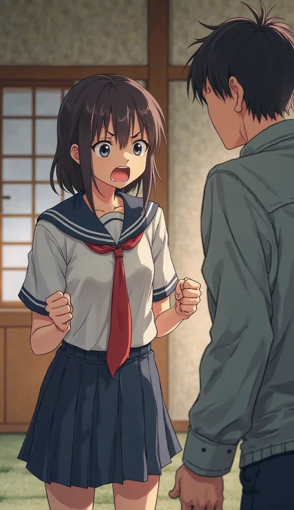 shinkai makoto, kimi no na wa., 1boy, buzzcut, school uniform, hold arms, face to face,1girl, bangs, black hair, blush, brown eyes, tear eyes, collared shirt, looking at the viewer, red headband, red ribbon, red bow, school uniform, short hair, white shirt, skirt, indoors, classroom, night, lie on floor, open skirt, white bra, partially unbuttoned, arms up,