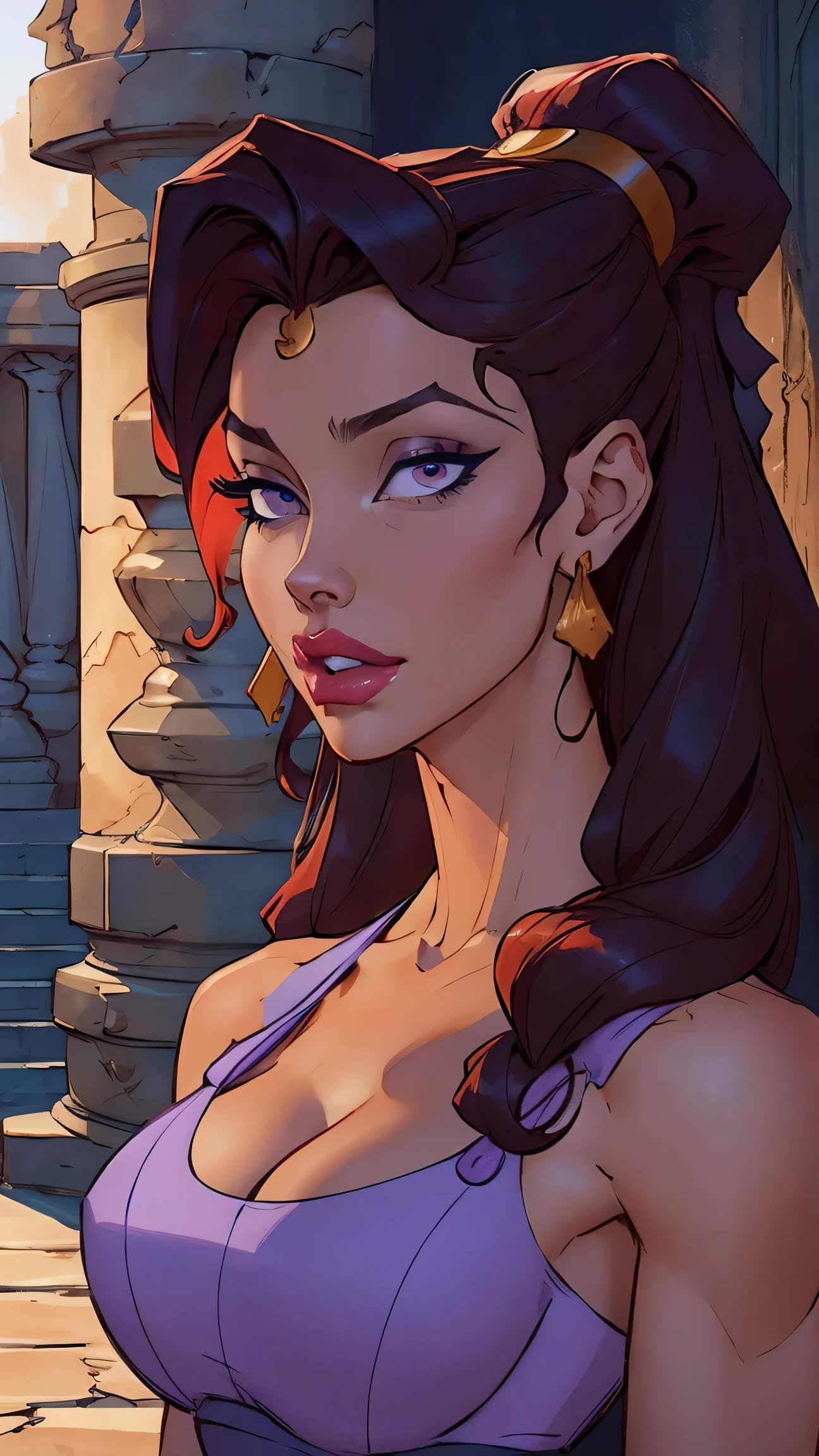 1girl,solo,beautiful Megara from Hercules, long hair , violet eyes, realistic portrait,detailed facial features,elegant expression,confident posture,intricate hairstyle,ornate violet greek dress,ancient greek architecture,dramatic lighting,vibrant colors,photorealistic,4k,professional illustration,digital painting,detailed skin texture,sharp focus,highly detailed,ultra-detailed,vivid colors,masterpiece, half body