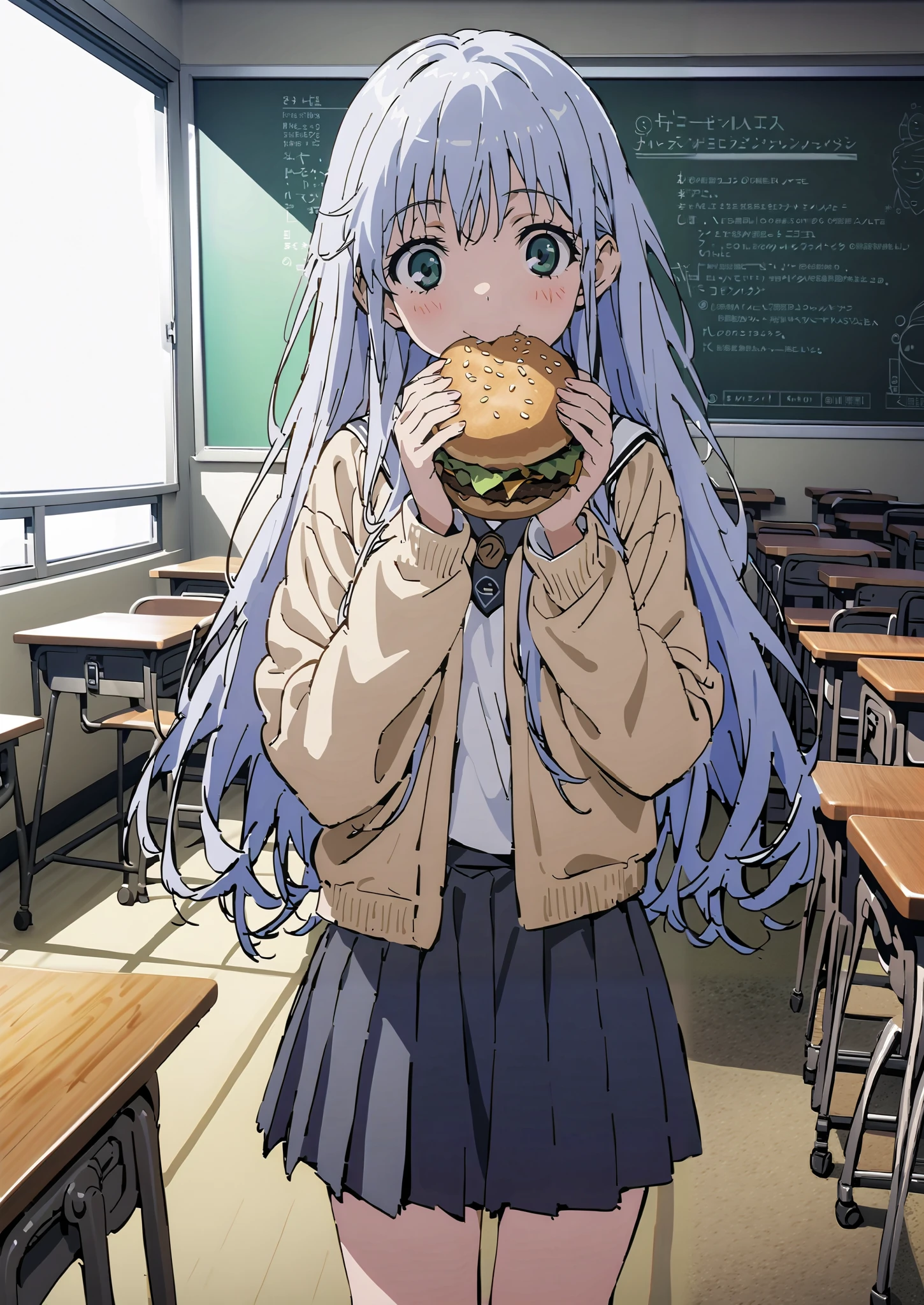 Prohibited bibliography, both eyes, Silver Hair, long hair, smile,blushes,Black sailor suit, yellow cardigan ,black pleated skirt,white high socks,loafers,chairsに座っている, holding a hamburger with both hands,eating hamburger,noon,machine, blackboard ,chairs,full bodyがイラストに入るように,break indoors,classroom,
full body,
break (masterpiece:1.2),top quality , kampala, Unity 8K Wallpaper ,(shape:0.8),It's a person ,full body写真,CG Details , (perfect hands,complete anatomy),