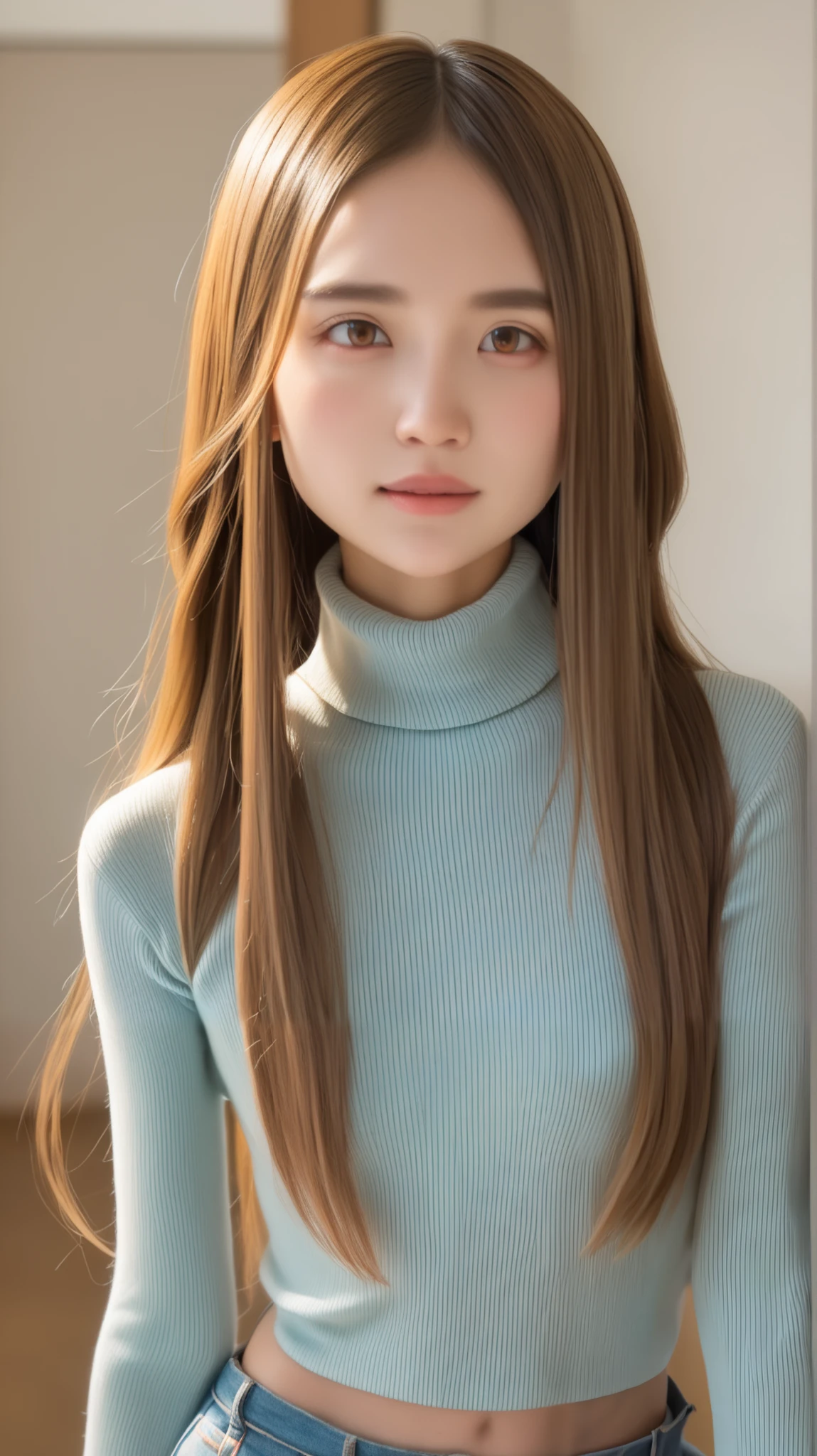 top quality、masterpiece、 RAW photos 、 super realistic 、film grain、perfect anatomy、(((Achieve a healthy slim body, long hair, bungs:1.37)))、 ugly expression 、small breasts、turtleneck knit、