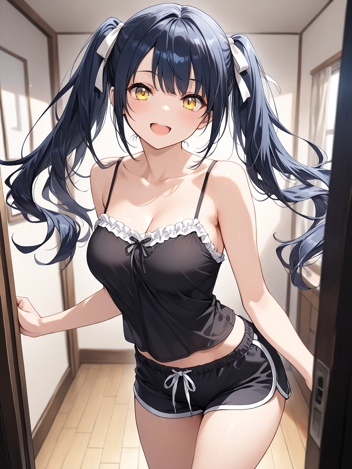 Hands behind back,Tied up with hands behind back,front view,1girl,Beautiful girl at ,Japanese,Slender,small breasts,Baby Face,Small face,Black Hair,Row Twin Tails,Gray Eyes,Drooping eyes,middle School girls,A transparent black and blue negligee,Sexy Lingerie,open mouth,tongue out,front face,Kneeling,Put your chin forward,Beautiful and detailed anime art,A mischievous smile,front view,high angle, looking at viewer, looking ahead, from above,face focus,Sexy vibe,cum on tongue,Dimly lit room,Beautiful room,On the bed,VIP Room,White Room,Simple room,blurry background