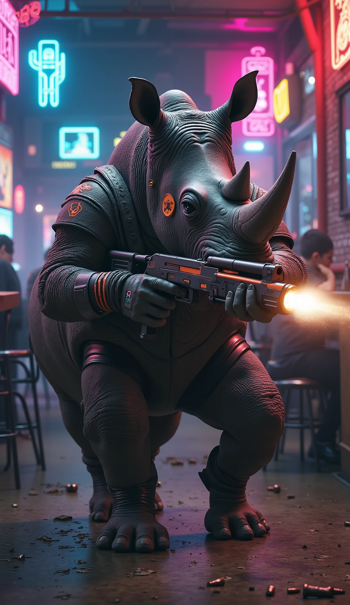 A rhinoceros gets a puncture in a bar and has a shootout、A Cyberpunk Gunfight