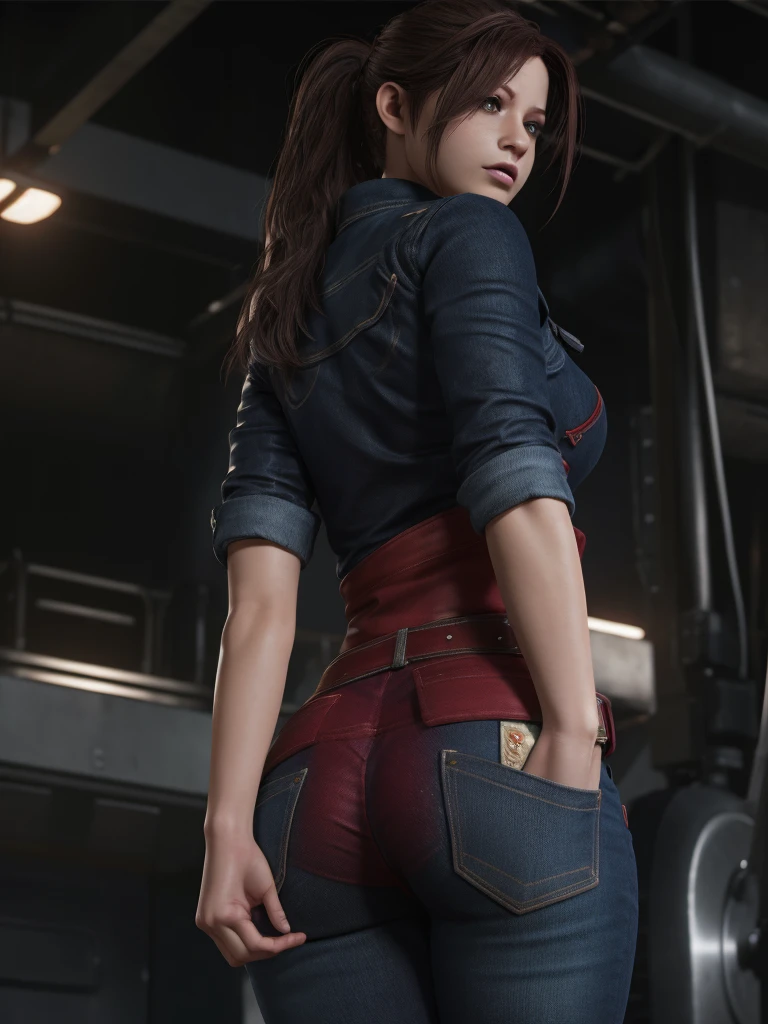 (masterpiece, best quality), 1girl, claireredfield2, girl wear tight jeans, put down on the desk, bi ass
