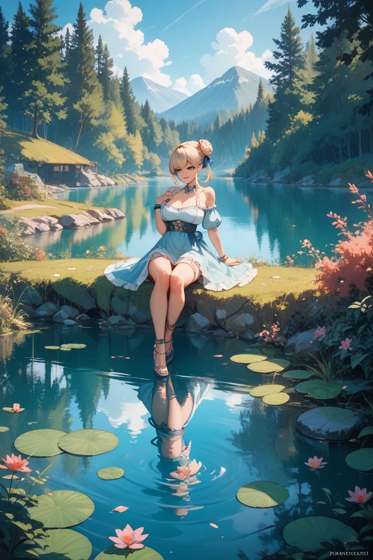 1girl, solo, rural landscape, village, trees, sun, water stream, clouds, fantasy, brown hair, huge breasts, white dress, ((short dress)), silver high heels, cleavage 1:3, elegant white hat, brown eyes, smile, looking at the viewer, sitting on a stone, golden necklate
