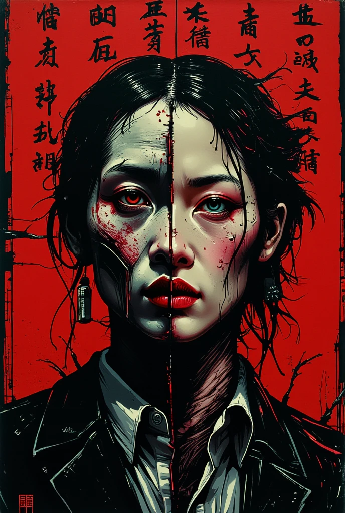 DARK HALF ,  Epic scene, art portrays a distorted, surreal portrait of two individuals, a man and a woman, whose faces are blended and stretched in an uncanny manner. The background is red with Chinese characters at the top. The painting style uses expressive brushstrokes and a muted color palette, creating an eerie and unsettling effect, style is surreal and abstract, focusing on distortion and emotional impact, experimental techniques to create a sense of unease, by Francis Bacon, movie poster, extremely detailed, hyper resolution, cinematic volumetric lighting