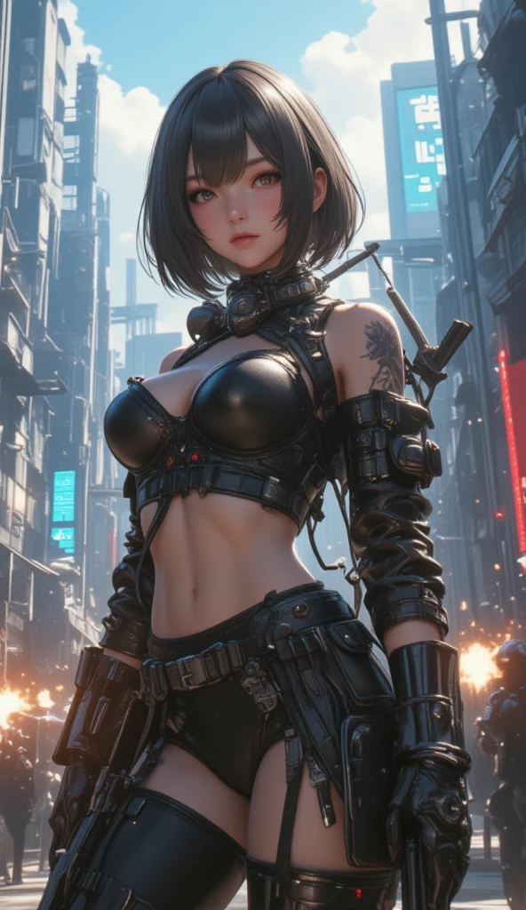 ((Best Quality)), ((Masterpiece)), (Details: 1.4), 3D, ((Square)), ((Face Close))), Perfect Face, Perfect Fingers, Perfect Body, A Beautiful Cyberpunk Female Image Facing Squarely, (Standing), (((High Detail Skin, Visible Pores))), (Small Chest: 1.3), (Firearms), HDR (High Dynamic Range), Ray Tracing, NVIDIA RTX, Super-Resolution, Unreal 5, Subsurface scattering, PBR textures, post-processing, anisotropic filtering, depth of field, maximum sharpness and sharpness, multi-layer textures, albedo and highlight maps, surface shading, accurate simulation of light-material interactions, perfect proportions, Octane Render, two-color light, large aperture, low ISO, white balance, rule of thirds, 8K RAW,