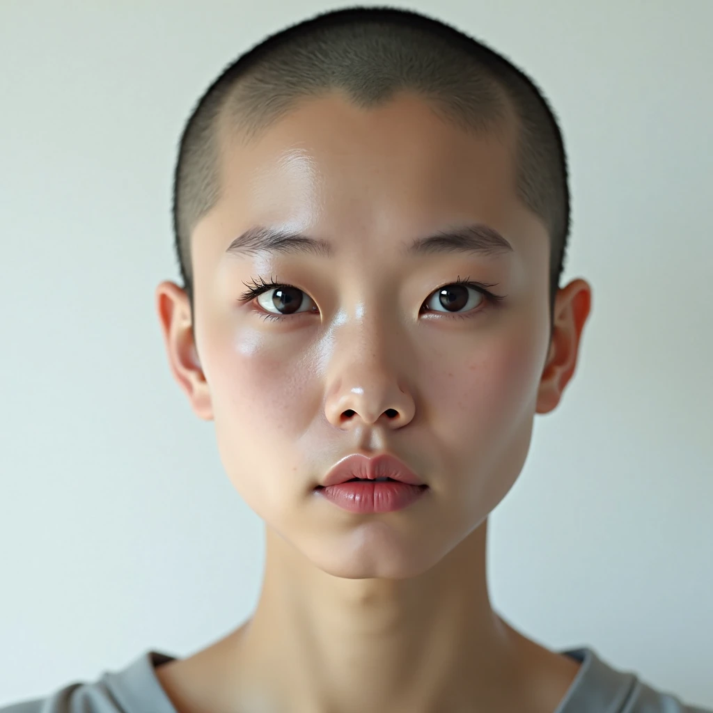 (shaved head), (japanese woman), round face, not so cute, snub nose, large nostrils, chunky lips, small double eyelid, the eyes are far apart, Chubby, high quality, Masterpiece, 8k, real portrait, realistic pictures