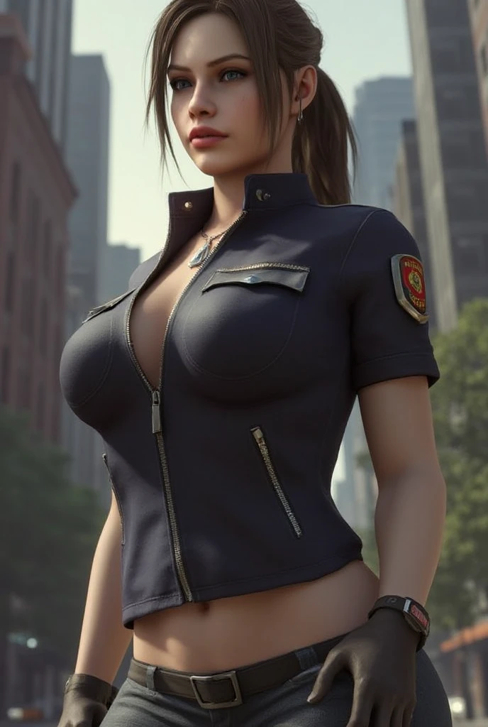 Lady police, hot, black short, blue jeans, big bust, ponytail, Russian, gold necklace, holding pliers angry look, side view, dimly lit jailcell, ultra-realistic, detailed image