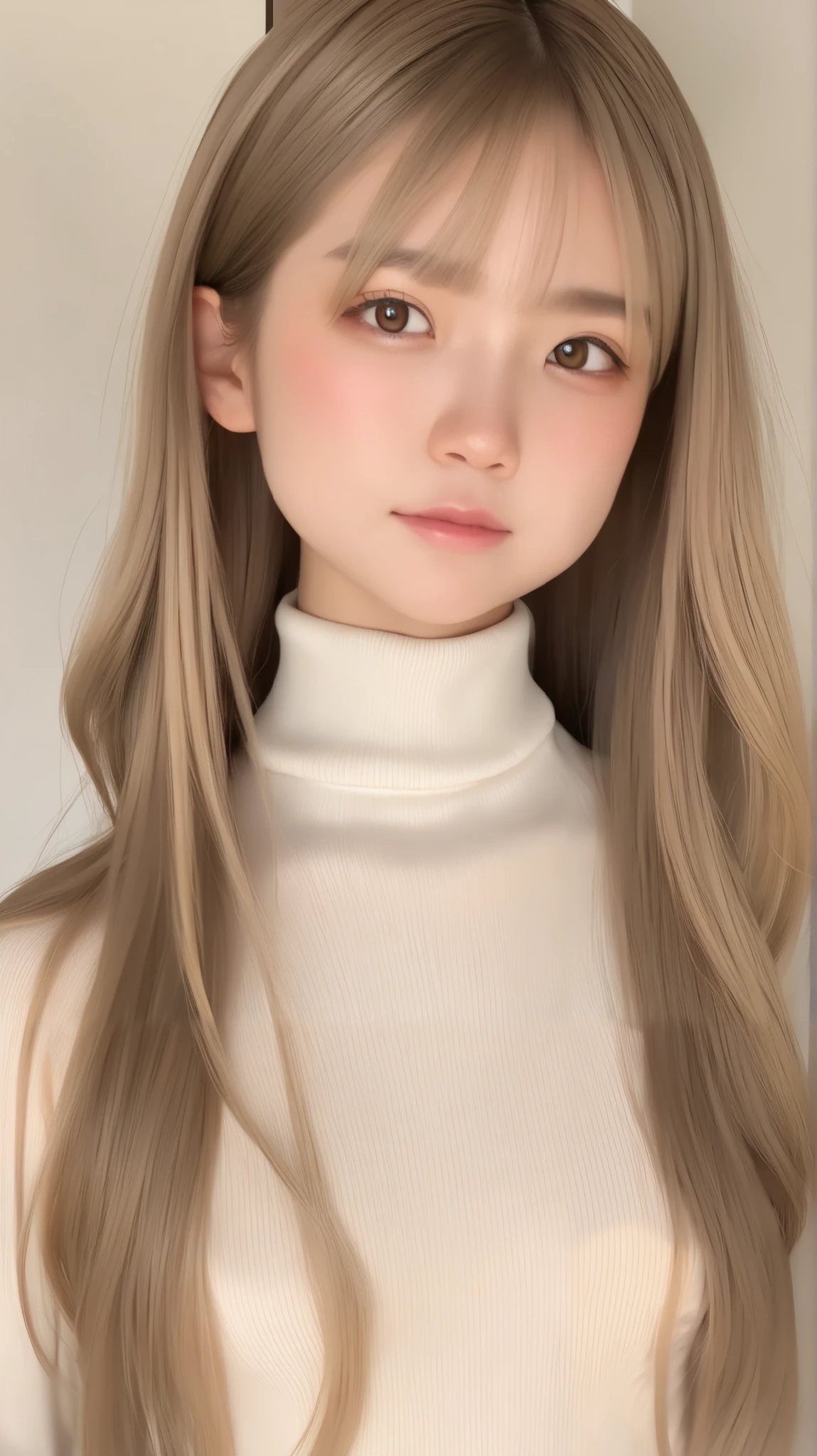 top quality、masterpiece、 RAW photos 、 super realistic 、film grain、perfect anatomy、(((Achieve a healthy slim body, long hair, bungs:1.37)))、 ugly expression 、small breasts、turtleneck knit、
