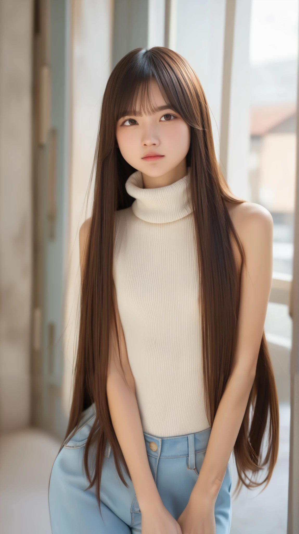 top quality、masterpiece、 RAW photos 、 super realistic 、film grain、perfect anatomy、(((Achieve a healthy slim body, long hair, bungs:1.37)))、 ugly expression 、small breasts、turtleneck knit、