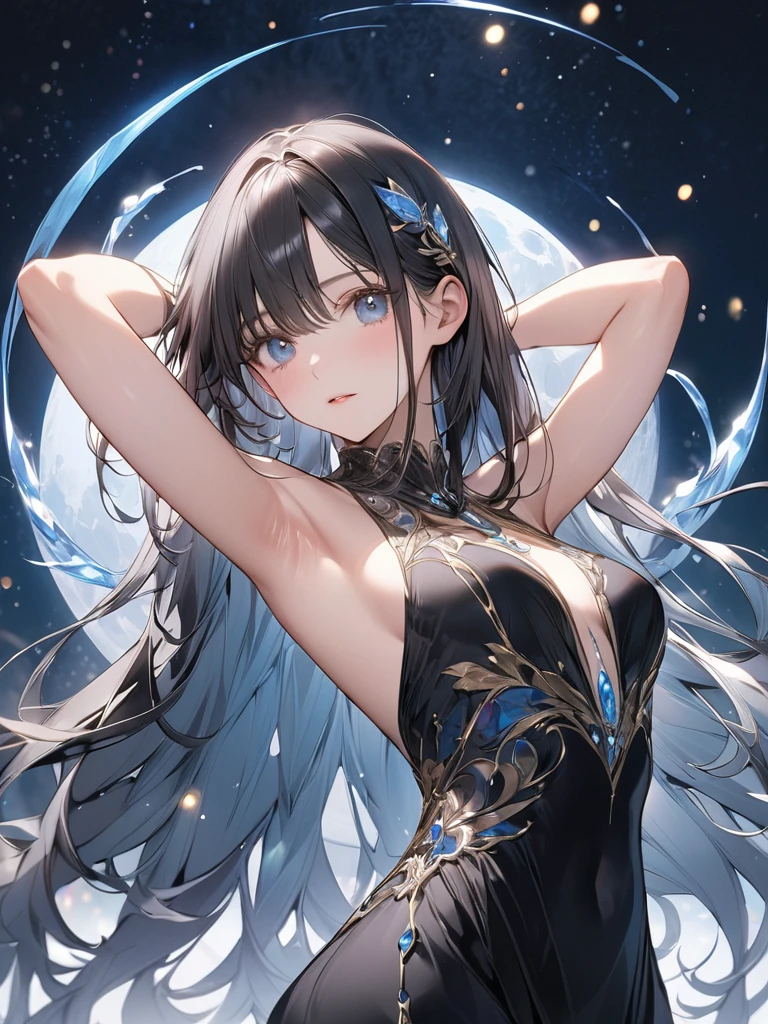 Anime girl with long black hair with white highlights ,onyx eyes,perfect body,sleeveless one-piece dress, detailed body, detailed eyes, masterpiece, best quality, aesthetic, standard pose