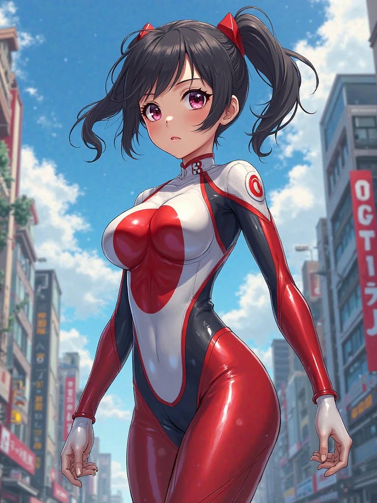 Evangelion plugsuit, male focus, ikari shinji, pilot suit super big breasts breast enlargement blushing standing alone in sci-fi city full-body shot