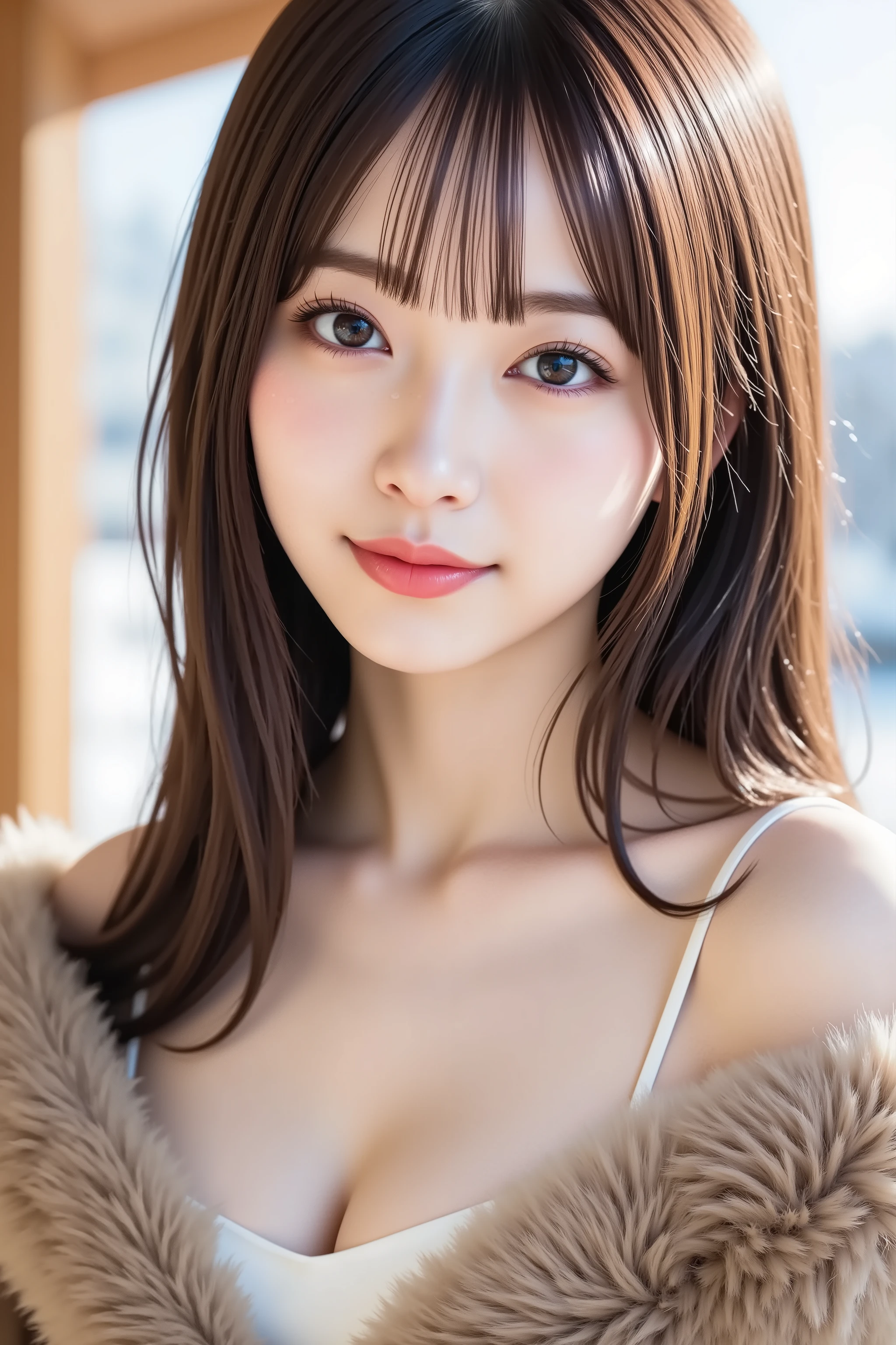 A state where the entire detailed head is completely reflected {x} is accurately placed in the center of the image, Upper chest, head is fully reflected with tight tension, face is clearly visible as a full body shot, fur coat, powder snow background、long hair around my chest, Bangs, smile, young and cute Japanese face, OFFICIAL ART, high image quality CG Unity 8k wallpaper, Ultra high image quality, very detailed, high image quality, film grain, lens flare glow, top quality, 8k, as a portrait, 8k, viewer,  masterpiece, top quality, very detailed,  it's cute, sexy, very detailedな, Detailed Features , beautiful, illustration of a woman having a penis, beautiful Japanese woman,  Women&#39;s 1,  tight breasts