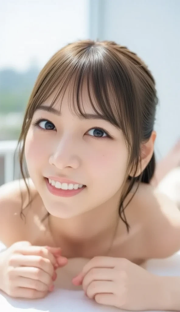 (8K、RAW Photos、Highest quality、masterpiece:1.2)、(Realistic、Photorealistic)、1 Girl、((naked、In the bath、Underarm、Wet Hair、smile、Wet body、Bathroom))、Lots of eyelashes、Add shine to your eyelids、skeletally correct、Sweaty body、Beautifully trimmed fingertips、In the sky、JK、