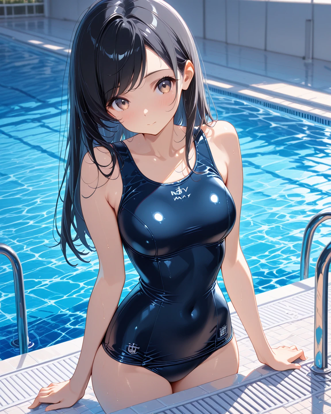 (((masterpiece))),(((High resolution)))、(((8K)))、(((perfect face)))、(((Japan beauty)))、20 years old、(((beautiful face))), ((swimsuit)), (((black competitive swimsuit))), ((top quality eyes)), ((detailed texture)), ((high resolution face)), (at the pool), ((cute smile))