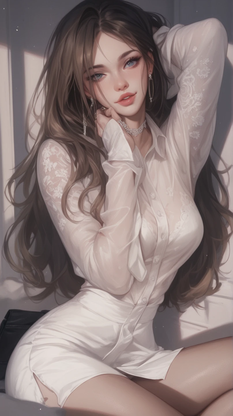 A woman, 30 years old, Mature, Super textured hair, Extra long wavy hair, Single ear front hair, Nice face, Super detailed eyes, Grow eye hair, shining pupils, Charming eyes, Beautiful and delicate lips, seductive smile, A light blush, Very detailed face, Extra detailed body, High quality real skin texture, White semi-sheer chiffon collared shirt, shirt fully open, Black lace tulle underwear, Wear only underwear, barefoot,