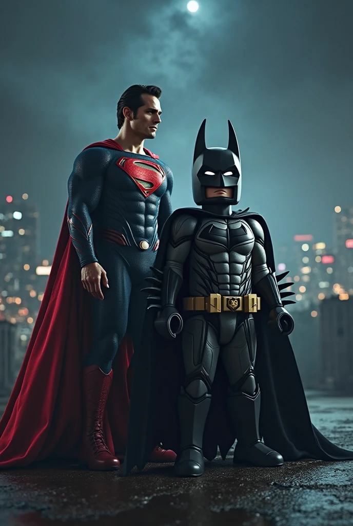 A strong, muscular father dressed as Batman, standing proudly in the center. On his right side, his elder son aged 4 is dressed as Spider-Man, striking a dynamic pose. On his left side, the baby son aged 2 is dressed as Superman, sitting or being held by the father, with a small, cheerful smile. They are standing in front of a city skyline at dusk, with the Bat-Signal visible in the sky, representing their superhero team.