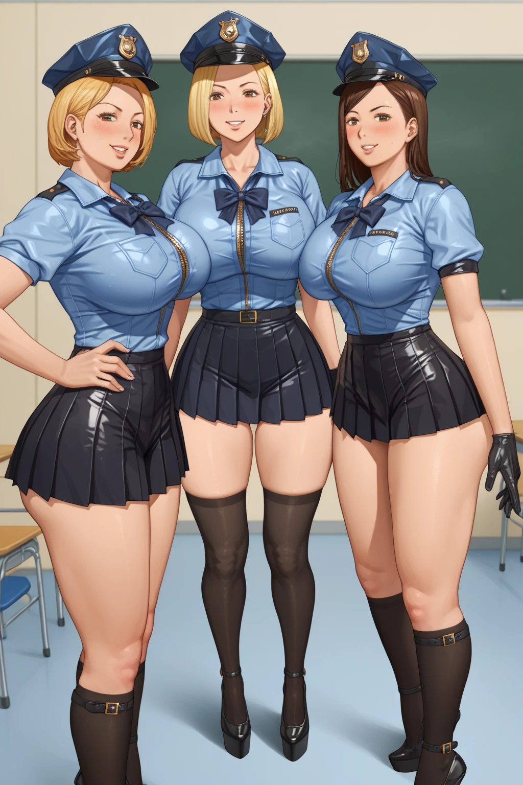 ((multiple medium thick body mature women age 35 American milf super model)) wearing nuns blouse with skirt, smiling, nipples exposed, lineup greeting viewer, 2women, hands on hips, (((lift skirt show panties to viewer, 3outfits 3panels, show back view))), by the pool
