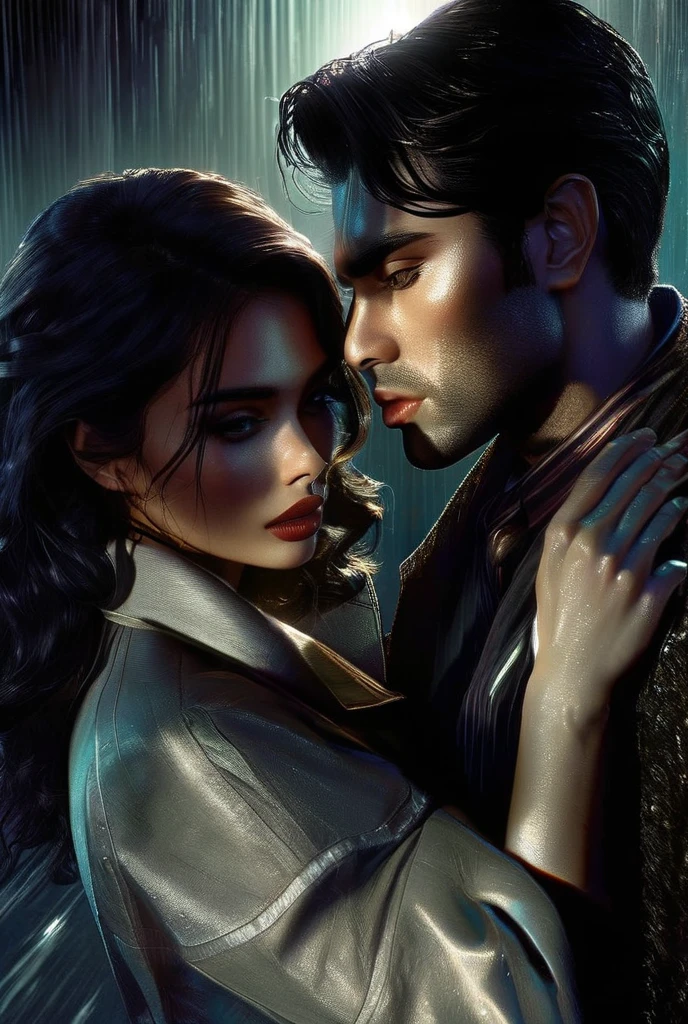 Style-FaeMagic3, (deep shadow:1.2), dark black, night, (masterpiece:1.1), high quality photo of a man and a wife embracing in the rain in (night:1.2), (up close:1.1)(high quality:1.1), looking into each other's eyes, (romantic:1.1), (wet clothes:1.1), wet skin, (soaked:1.1), freedom, romance, by lee jeffries nikon d850 film stock photography 4 kodak portra 400 camera f1.6 lens rich colors hyper realistic texture dramatic lighting unreal engine trend on artstation cinestill 800, deeply in love, hugging, long hair, evelynnobodysd15, John Constable, Ed Blinkey, Atey Ghailan, Studio Ghibli, by Jeremy Mann, Greg Manchess, Antonio Moro, trending on ArtStation, trending on CGSociety, wedding, passionate look, eye to eye,