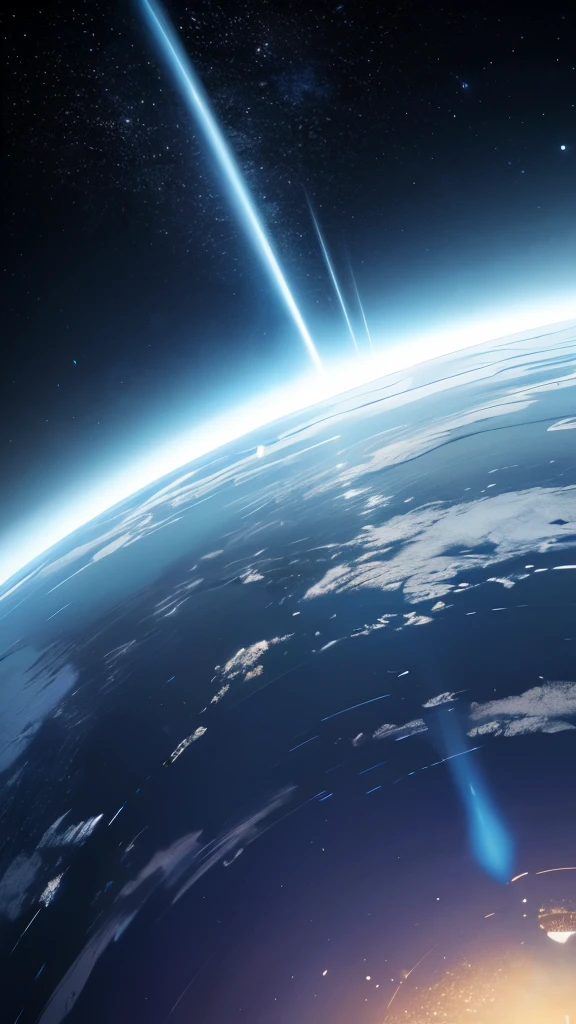 Beneath a vast expanse of deep blue space, a colossal moon looms large, its surface pockmarked with craters, casting a serene glow over the scene. Surrounding celestial bodies and floating asteroids drift lazily through the cosmos, some smaller planets partially visible in the background, enhancing the sense of depth. A piercing beam of light shoots downward from the moon, creating a striking focal point that contrasts against the rich, gradient sky. The tranquil atmosphere is accentuated by scattered stars twinkling like diamonds, while the pixel art style imbues the entire image with a nostalgic, dreamlike quality. This cosmic landscape invites a feeling of wonder and exploration, as if urging the viewer to gaze deeper into the mysteries of the universe.