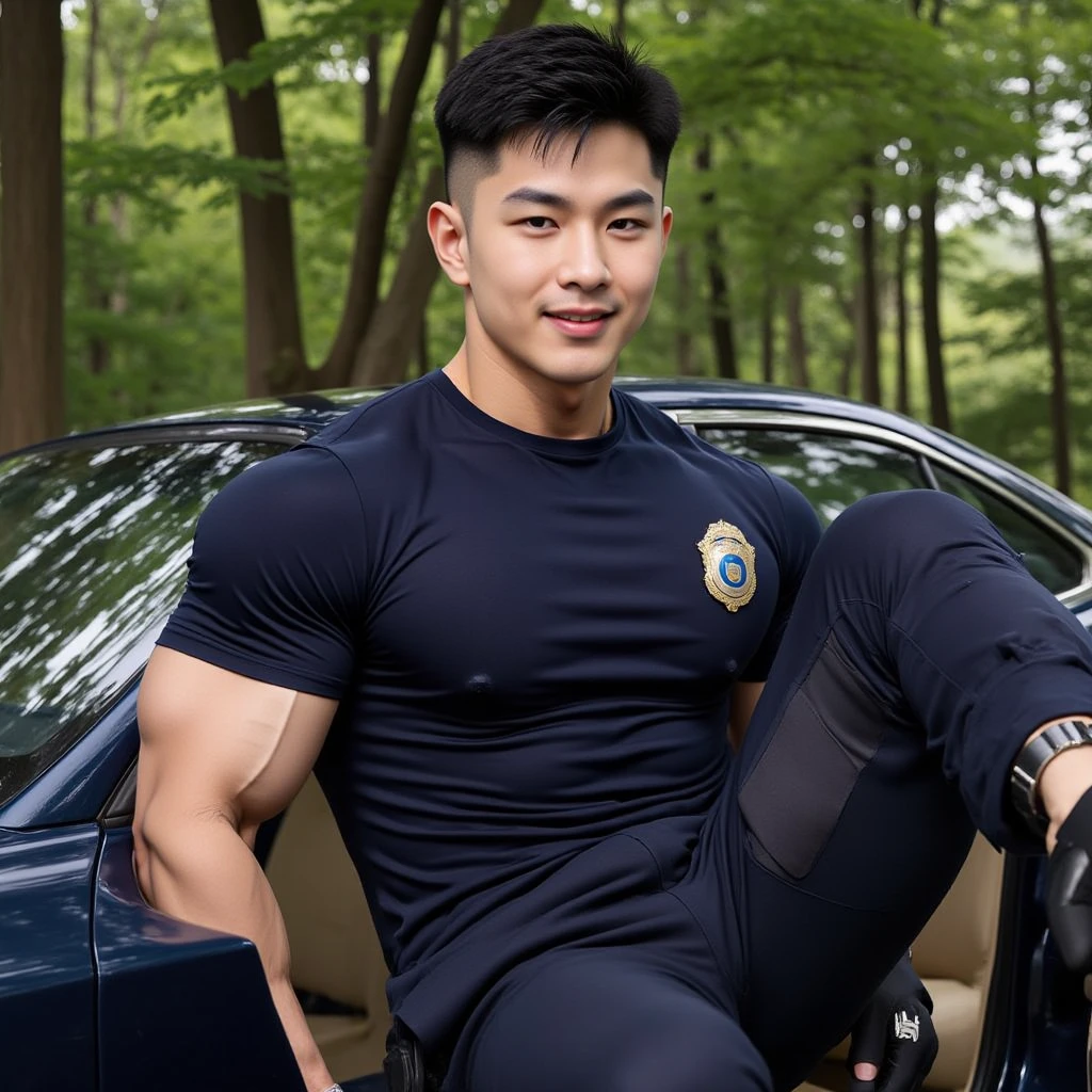 20-year-old boy ,Korean male officer ,Thin mustache...,handsome ,Wear a dark navy short-sleeved shirt........, Dark navy trousers, Black boots and dark navy gloves.,sit on the ground , His legs spread apart........................., Police Logo ,tight breasts ,Muscle Man , ((The arm muscles are very large............)) ,large boobs , Wide shoulders ,open legs ,Hold the bulge firmly with both hands........................................ ,Large long bulge pointing upwards................................ ,Sexually suggestive, (Dynamic Poses:1.1) , thights , (Embossed Focus:1.2),On your knees.................., ,It's raining ,Mud Pond , Best qualtiy , Wide lens ,deep depth of field ,Bokeh background