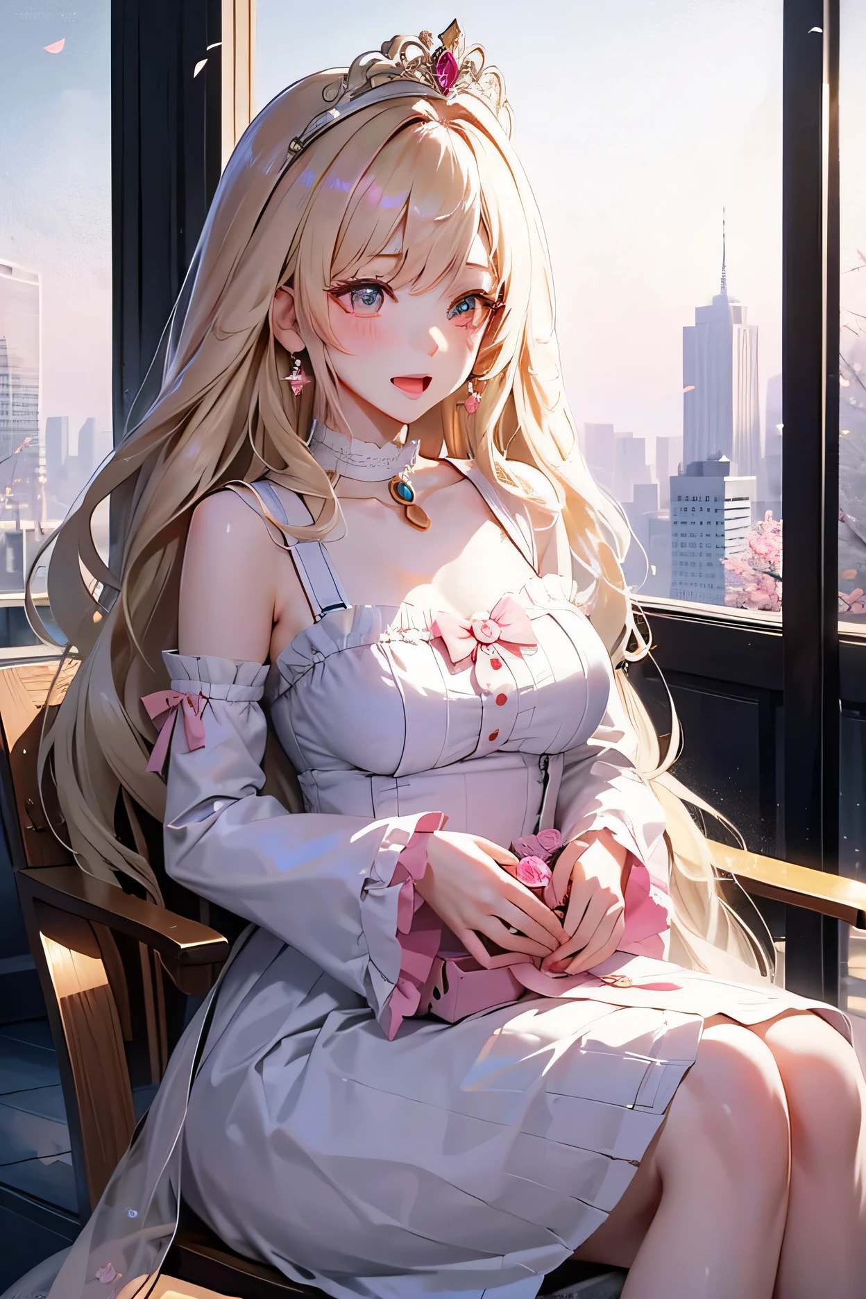 (8k, top quality, 걸작: 1.2), ultra high definition ,, Marie Antoinette , Ultra-precision face ,fine particles, Open mouth slightly ,(blonde),long hair, in front of the station, the file size is large , rest , His Eyes Shine , long sleeve dress with, The dress has a long skirt , Baroque Dress , complicated fantasy dress , Gorgeous glamorous dress, romantic dress , Ruffle Outfit ,rehabilitation, Data Style , suit, colorful fashion, palate colors include pink and white,( pink:1.5), Class A Smile ,Gold Tiara, necklace ,She's sitting in a gorgeous chair, require manual work ,( iridescence :1.4),, Sitting in an elegant chair ,Rose bushes are reflecting off the window,( White Flower Choker )、Her eyes are shining、今彼女のblondeの髪は腰まで伸びている、Rosy gradient and three colors, Pale pink rock. 彼女は花柄の装飾が施されたGold Tiaraを着用し、 Matching Earrings , Rococo Ruffle Dress . She's wearing a white striped pink top with ruffles fringed with gold buttons, The white sleeves are shaped like flower buds .. A magenta ribbon is coming down along..、knots at the back of the neck、 Chest Matching , Decorated with flowers. her frilly skirt is divided by white lines, The chest is fixed with a large magenta ribbon、 Gold Decorated , has a small ribbon on her back. her miniskirt、 made of a thin pink magenta seashell lining and a white flower petticoat. She is also wearing white gloves with pink flowers, White and pale pink shoes have、loose cuff and decorated with flowers magenta ribbon.