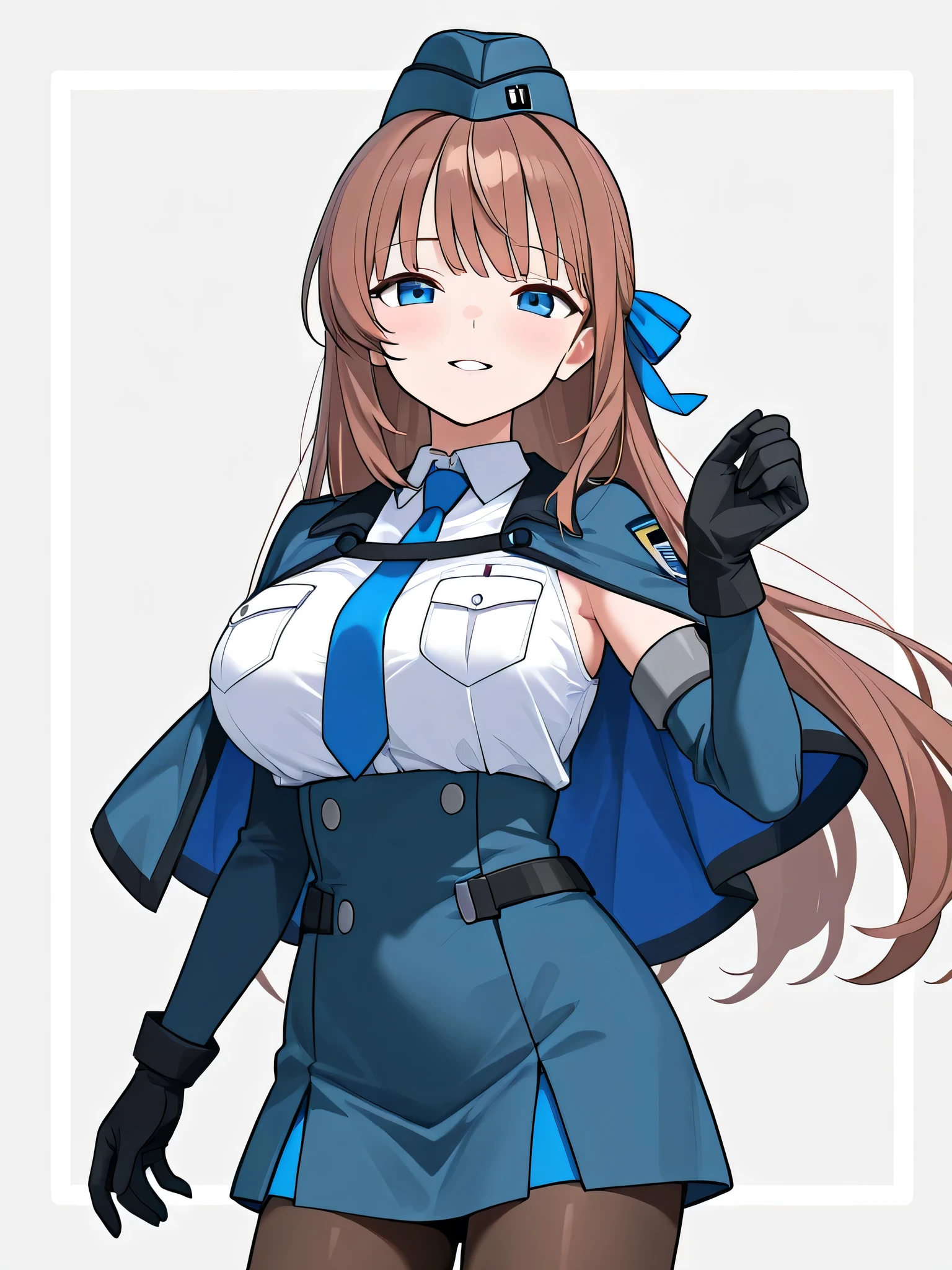 score_9, score_8_up, score_7_up, source_anime BREAK 1girl, solo, mrnnkk, blue eyes, brown hair, long hair, bangs, large breasts, garrison cap, blue ribbon, hair ribbon, blue necktie, collared shirt, white shirt, sleeveless, breast pocket, detached sleeves, capelet, blue skirt, black gloves, pantyhose, smile, looking at viewer, parted lips