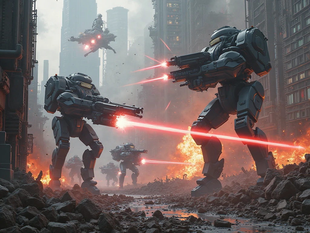 A Cyberpunk Gunfight, war vehicles, anime, aerial view, top angle, destroyed city, laser shots everywhere, explosion everywhere.