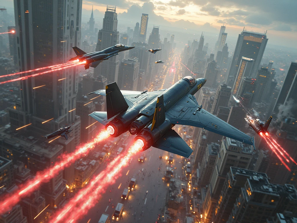 A Cyberpunk Gunfight, war vehicles, anime, aerial view, top angle, destroyed city, laser shots everywhere, explosion everywhere.