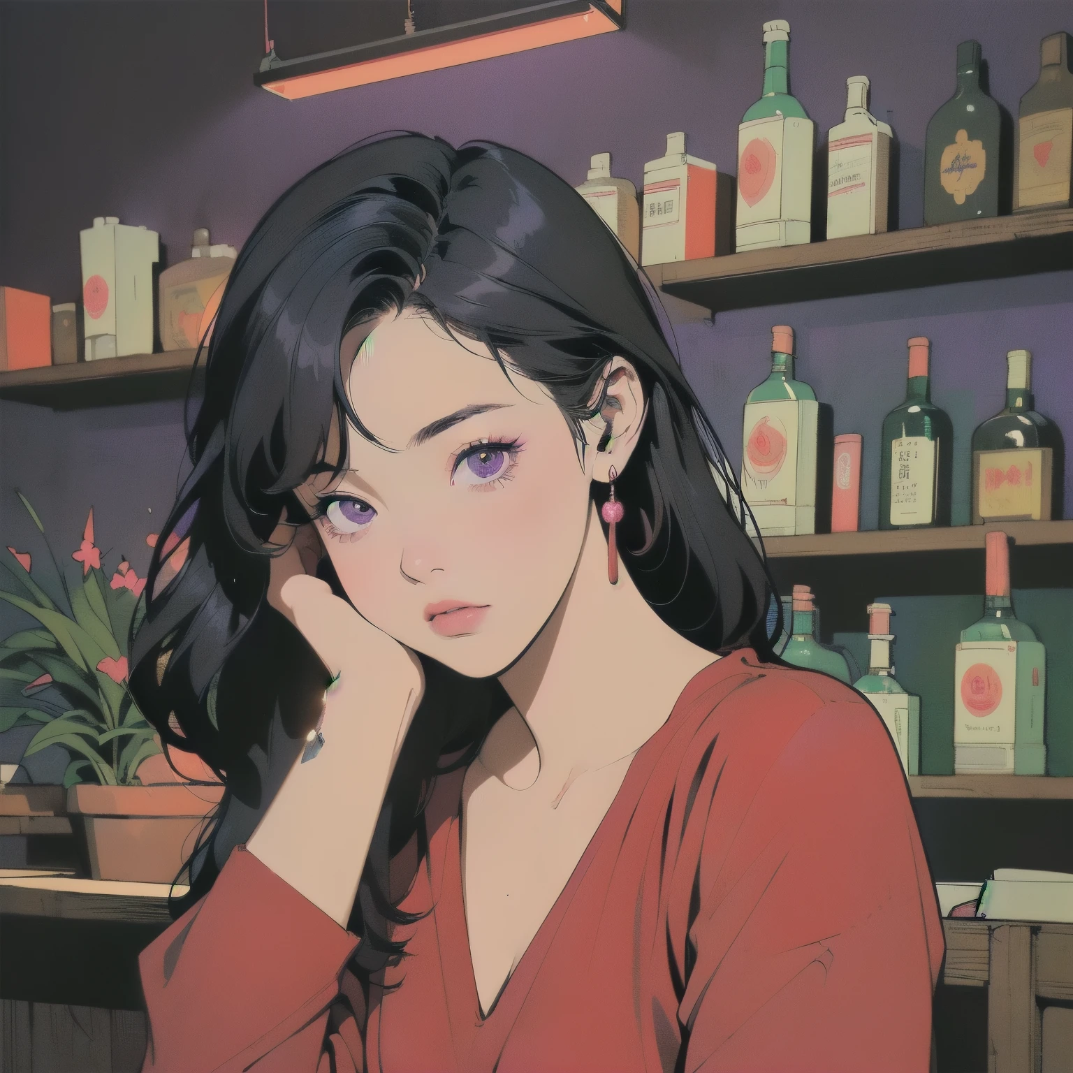 (80's, Retro, City Pop:1.5), (Album cover), (masterpiece, Highest quality, Exquisite detail), (anime, figure), (pastel colour:1.3), Best Photo Poses, Dynamic Angle,girl, alone, cool, Delicate face, Blonde Hair, The stylish, dimly lit interior of the bar,City of night, Holding a cigarette,Gazing into the distance