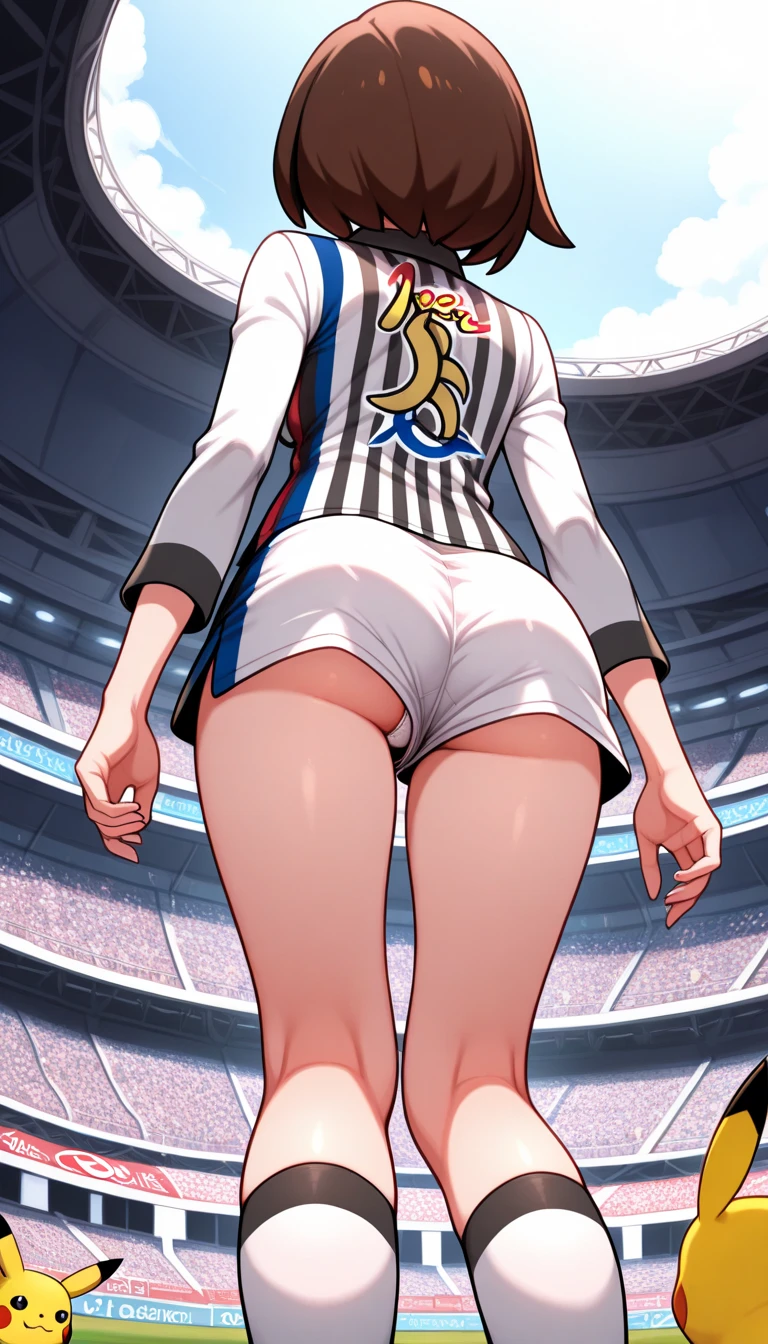 HD, solo, 1female, subaru oozora, pale skin ,wearing cap, yellow striped shirt, white short pants, black short hair, tall and skinny, goose behind female, white duck, bend over, farting, massive fart, yellow smoke rising, relieved face, closed eyes, clenching teeth, bend over, blush, alone in stadium, heart signs