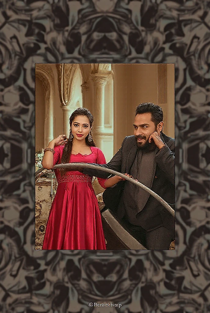Create a 30 ilusion for a profile picture of a 22-year- old couple sitting comfortably in wings chair. The boy is wearing a black shirt pant and sunglasses. And the girl is wearing a black saree and sunglasses. He is looking cheod. "Prince " and "vini" are written in large font on the black wall in the background