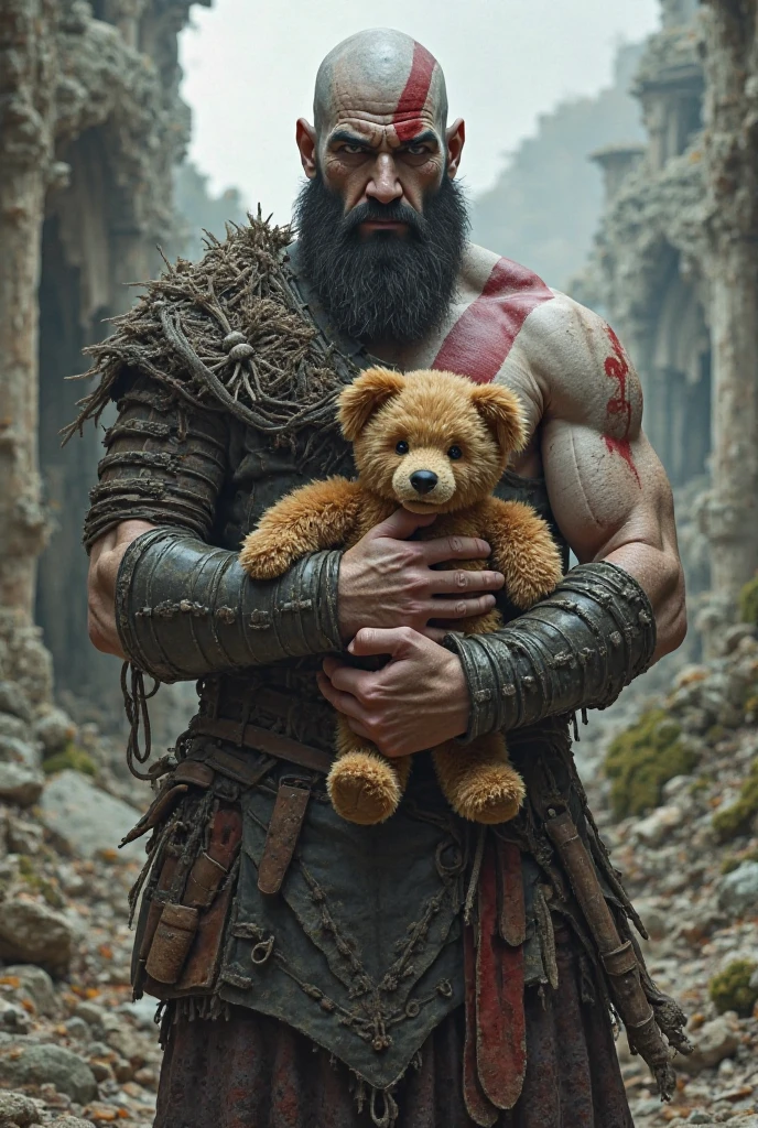 god of war, standing, hugging a pink teddy bear, against the backdrop of the (ruined city:1.1) unreal engine style of Artgerm finely detail, ultra-detailed, highres,