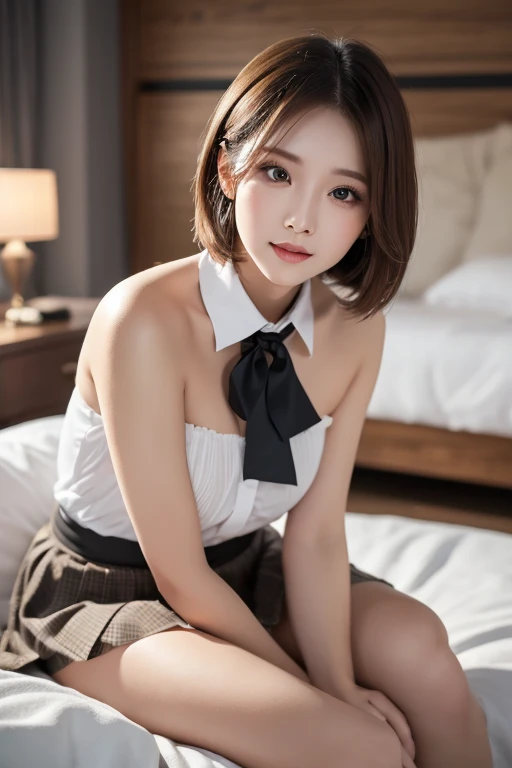 (nude)(8K, RAW Photos, Highest quality, Master:1.2), (Realistic, photo-Realistic:1.37), Super detailed, 1 Girl, cute, alone, Beautifully detailed skies, Detailed face, night, Sitting, Date, (Blushing), (smile: 1.1), (shut up), Big Breasts, Beautiful and delicate eyes, Button unbuttoned, (Collared shirt: 1.1), bow tie, Pleated skirt, (short hair: 1.2), Flowing Hair, Long eyelashes, eye shadow, Small face, Big eyes, Full Body Shot, Bare shoulders, indoor, bed