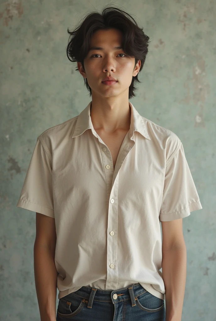 Black haired man with white eyes wearing black pants, a white shirt, black shoes, a gold watch and ear piercings