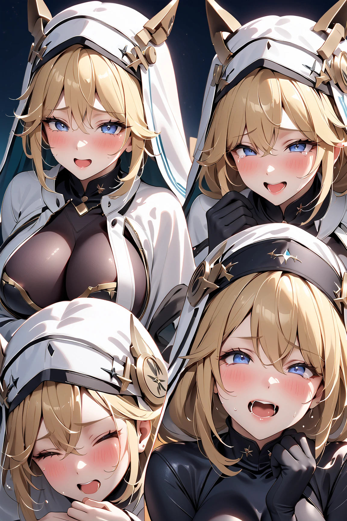 最high quality, 8k, High resolution, high quality, masterpiece, beautiful, (Anatomically correct:1.2), 10th Generation, A beautiful woman, Silky pale blonde, Short Bob Hair, Light blue eyes, Beautiful Skin, Attractive person, Sister, Soft and swaying super breasts, Short stature and glamorous figure, Black monastic vestments, Nun&#39;s hat on head, ahegao, girl trembling with sexual climax, Place your hands behind your head., (Squat), steam, woman on top, vaginale,sex, cum in Pussy, 1boy, penis, Church altar,