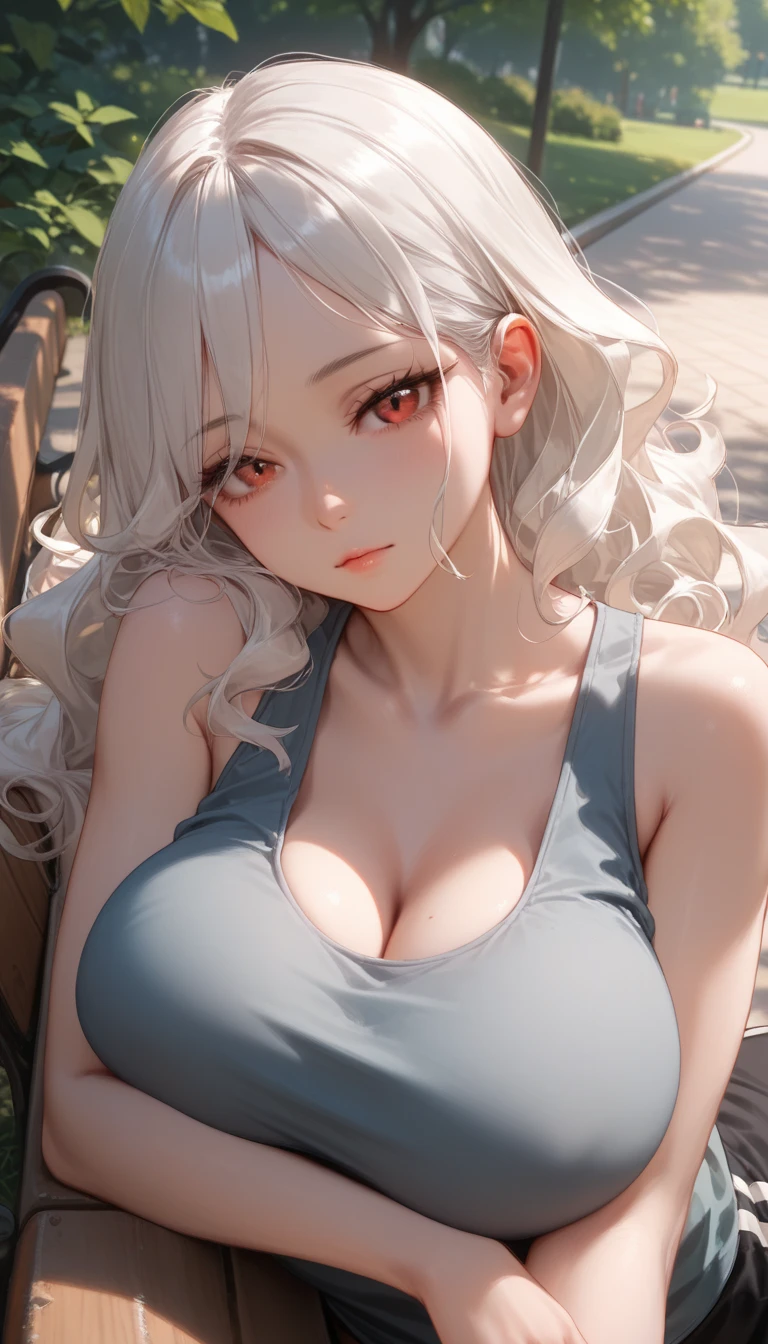 18 year old female，Milky white long hair，red eyes，beautiful eyes，very huge breasts，((3D anime style))，