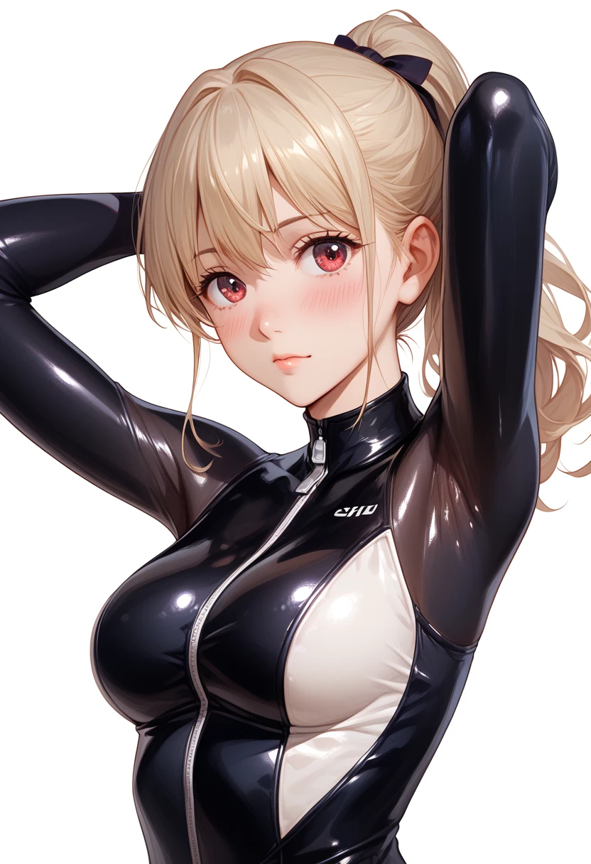 (masterpiece:1.2, Highest quality), (Realistic, photoRealistic:1.4), Beautiful illustrations, (Natural Side Lighting, Cinema Lighting), avert your eyes, (Cowboy Shot), 1 female, Grid Girls, 40 years old, (((Mature Woman))), (Beautiful anime faces), Japanese, Perfect Face, Perfect Anatomy, Symmetrical cute face, Glowing Skin, Blunt bangs, (Intense glowing purple eyes:1.3), ((Blonde)), Beautiful Hair, Beautiful Face, Beautiful clavicle, Beautiful body, Beautiful breasts, Beautiful thighs, Beautiful legs, Beautiful fingers, (Perfect Face, Perfect Anatomy), (Two legs, Five Fingers), ((Grid Girls, Racing Suits, Race Queen Costume:1.3. Purple and black bodysuit with sponsor logos:1.3, Shiny arm covers:1.3, Shiny knee-high boots:1.3)), (Beautiful views), Written boundary depth,((Tall Woman), (Slim figure), (small breasts directed upwards)), (masterpiece:1.4), (Highest quality:1.4), Realistic, 1 girl, (Pull your arms back, Leaning forward), (masterpiece, Premium Quality: 1.2), ((A face that is frightened)), ((Spread your legs, Spread your legs)), ((Chain around neck)), Spread your legs, M-shaped Spread your legs, Spread your legs, Spread your legs, ((Open your thighs)), masterpiece, Highest quality, Ultra-precision, really beautiful, Highest quality, High resolution,Anatomically correct hand, View from below, (Silicone Skin)